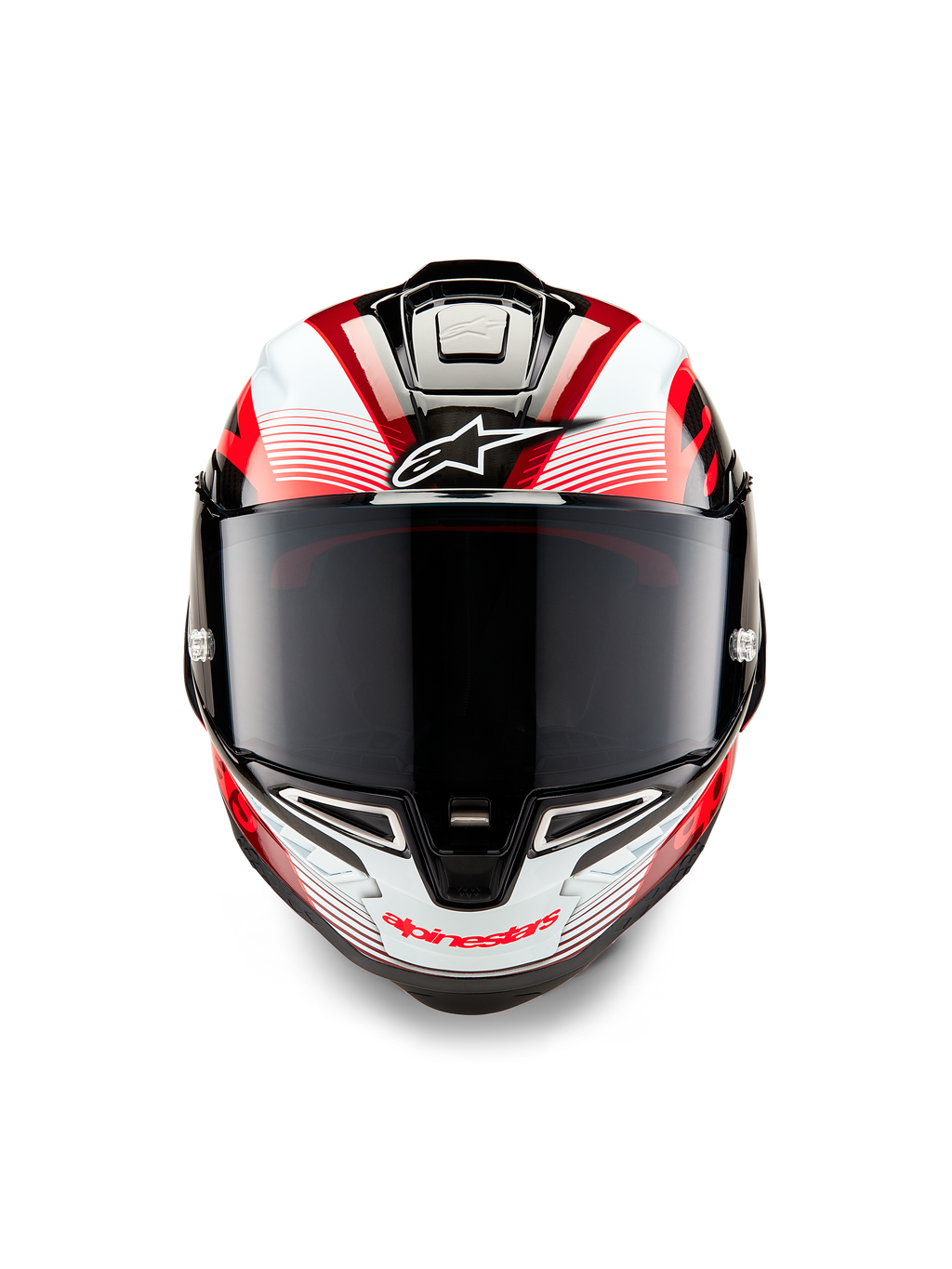 Alpinestars Supertech R10 Team-hjelm, set forfra, sort kulfiber, rød og hvid blank finish, med mørkt røgfarvet visir, hvidt Astar-logo på panden, rød Alpinestars-branding på hagebeskytteren, aerodynamisk racer-design med detaljeret grafik