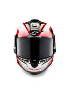 Alpinestars Supertech R10 Team-hjelm, set forfra, sort kulfiber, rød og hvid blank finish, med mørkt røgfarvet visir, hvidt Astar-logo på panden, rød Alpinestars-branding på hagebeskytteren, aerodynamisk racer-design med detaljeret grafik