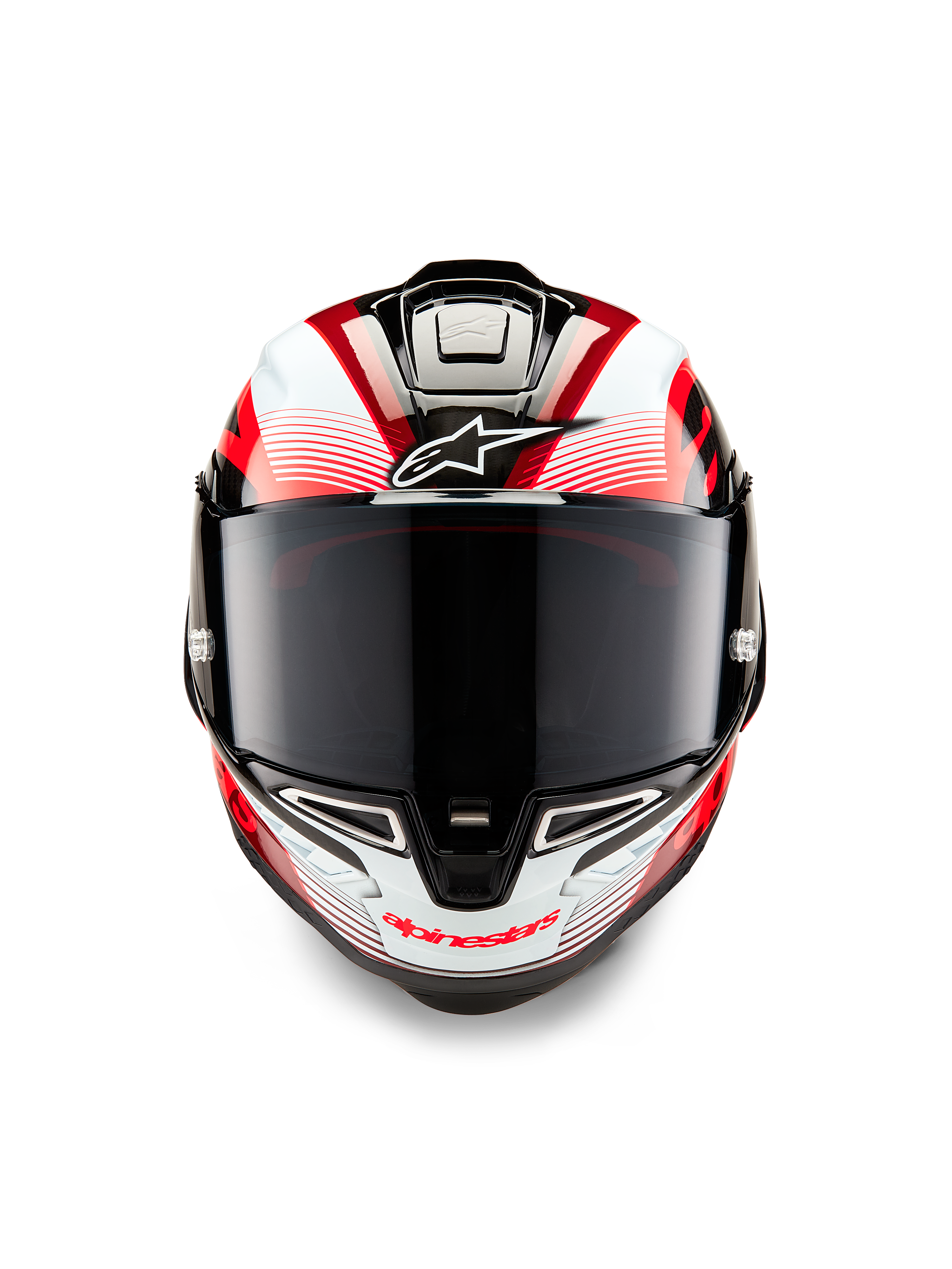 Alpinestars Supertech R10 Team-hjelm, set forfra, sort kulfiber, rød og hvid blank finish, med mørkt røgfarvet visir, hvidt Astar-logo på panden, rød Alpinestars-branding på hagebeskytteren, aerodynamisk racer-design med detaljeret grafik
