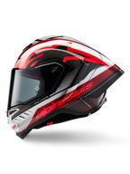 Alpinestars Supertech R10 Team hjelm, full-face motorcykelracerhjelm, sort kulfiber, rød og hvid blank finish, sideprofil der viser det aerodynamiske design, markant rød branding med 'One Vision' og 'Racing Ahead' tekst, strømlinet kulfiberkonstruktion til professionel ydeevne.