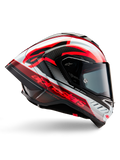 Alpinestars Supertech R10 Team hjelm, motorcykelracerhjelm, sort kulfiber med rød og hvid blank grafik, aerodynamisk profil med mørkt visir, kulfiberdetaljer og markant rød branding, højtydende racerudstyr