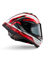 Alpinestars Supertech R10 Team hjelm, motorcykelracerhjelm, sort kulfiber med rød og hvid blank grafik, aerodynamisk profil med mørkt visir, kulfiberdetaljer og markant rød branding, højtydende racerudstyr