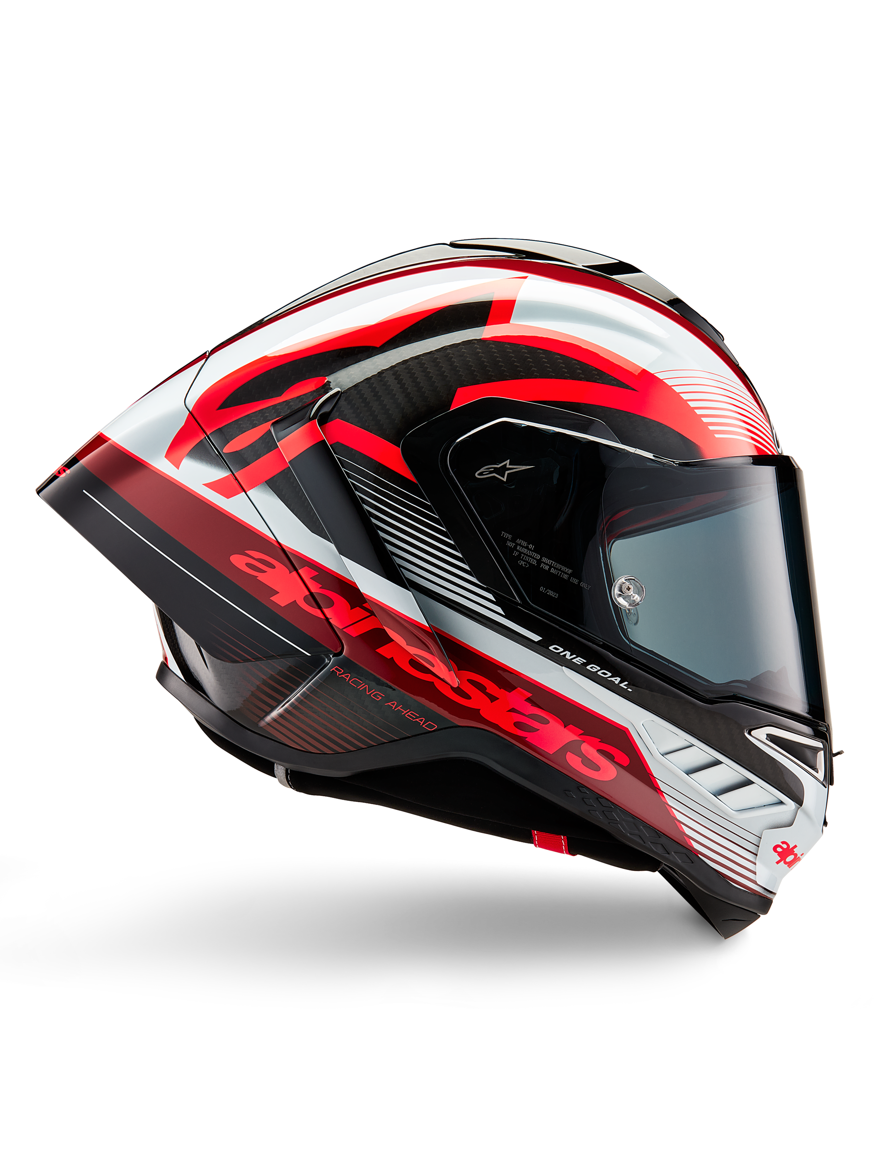 Alpinestars Supertech R10 Team hjelm, motorcykelracerhjelm, sort kulfiber med rød og hvid blank grafik, aerodynamisk profil med mørkt visir, kulfiberdetaljer og markant rød branding, højtydende racerudstyr