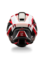 Alpinestars Supertech R10 Team hjelm, set bagfra, blank sort karbon, rød og hvid, aerodynamisk skaldesign med markante røde og hvide paneler, med Alpinestars-branding på spoileren og et rødt stjernelogo, professionel motorcykelhjelm til racing
