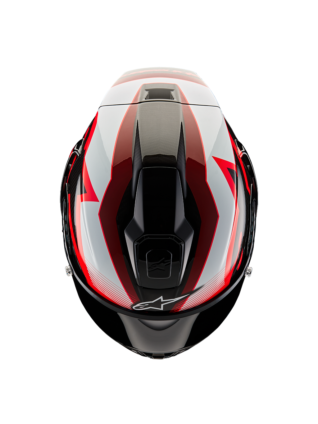Alpinestars Supertech R10 Team hjelm, set fra toppen, sort carbon, rød og hvid blank, aerodynamisk skal med centrale ventilationsåbninger og markant racergrafik, professionel sportmotorcykelhjelm.