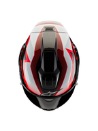 Alpinestars Supertech R10 Team hjelm, set fra toppen, sort carbon, rød og hvid blank, aerodynamisk skal med centrale ventilationsåbninger og markant racergrafik, professionel sportmotorcykelhjelm.