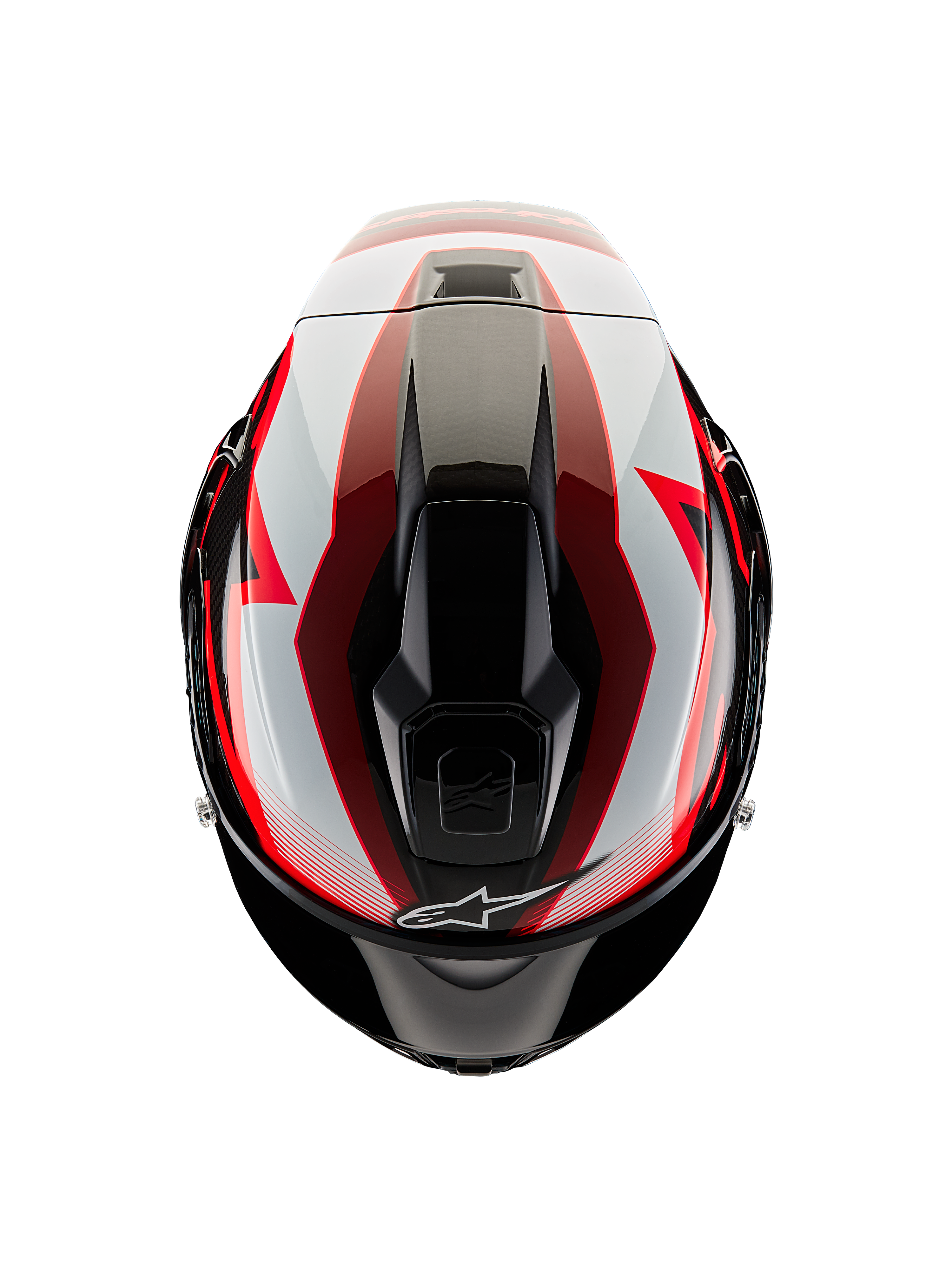 Alpinestars Supertech R10 Team hjelm, set fra toppen, sort carbon, rød og hvid blank, aerodynamisk skal med centrale ventilationsåbninger og markant racergrafik, professionel sportmotorcykelhjelm.