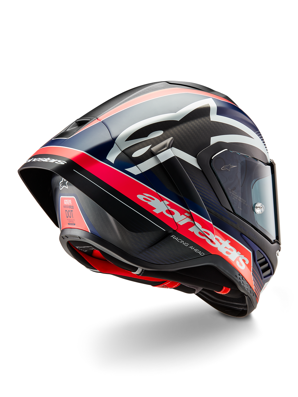 Alpinestars Supertech R10 Team hjelm, professionel motorcykel racerhjelm, sort kulfiber med fluorescerende rød og matblå detaljer, aerodynamisk set bagfra med integreret spoiler, markant Alpinestars-branding og synlig kulfiberskalstruktur.