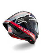 Alpinestars Supertech R10 Team hjelm, professionel motorcykel racerhjelm, sort kulfiber med fluorescerende rød og matblå detaljer, aerodynamisk set bagfra med integreret spoiler, markant Alpinestars-branding og synlig kulfiberskalstruktur.