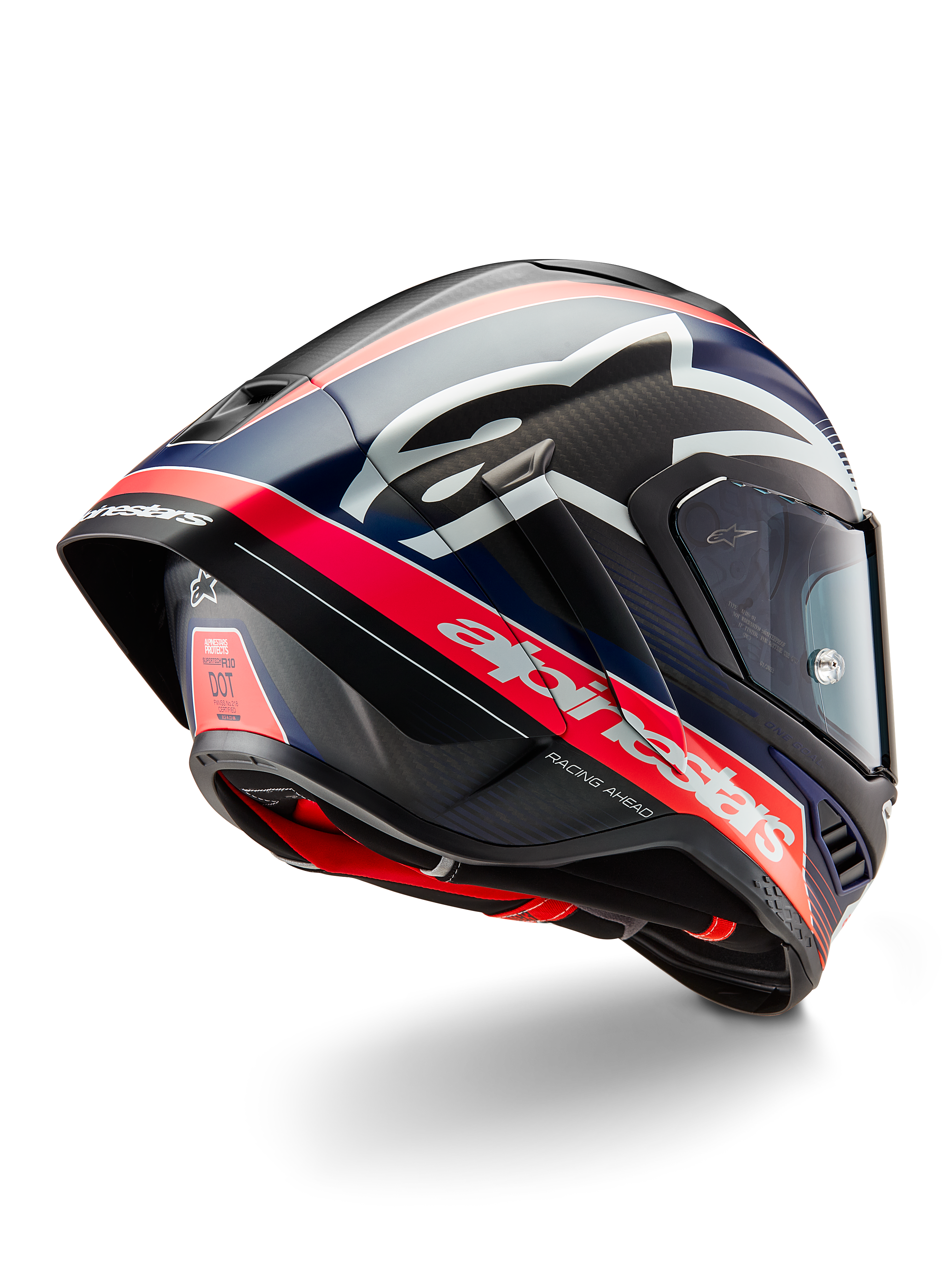 Alpinestars Supertech R10 Team hjelm, professionel motorcykel racerhjelm, sort kulfiber med fluorescerende rød og matblå detaljer, aerodynamisk set bagfra med integreret spoiler, markant Alpinestars-branding og synlig kulfiberskalstruktur.
