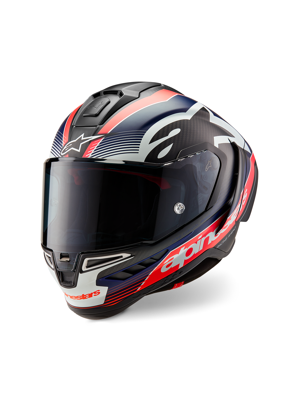 Alpinestars Supertech R10 Team-hjelm, sort kulfiber med rød fluo- og matblå grafik, trekvart set forfra, mørkt røgfarvet visir, aerodynamisk racerskal, tydelig hvid Alpinestars-branding.