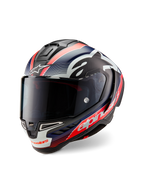 Alpinestars Supertech R10 Team-hjelm, sort kulfiber med rød fluo- og matblå grafik, trekvart set forfra, mørkt røgfarvet visir, aerodynamisk racerskal, tydelig hvid Alpinestars-branding.