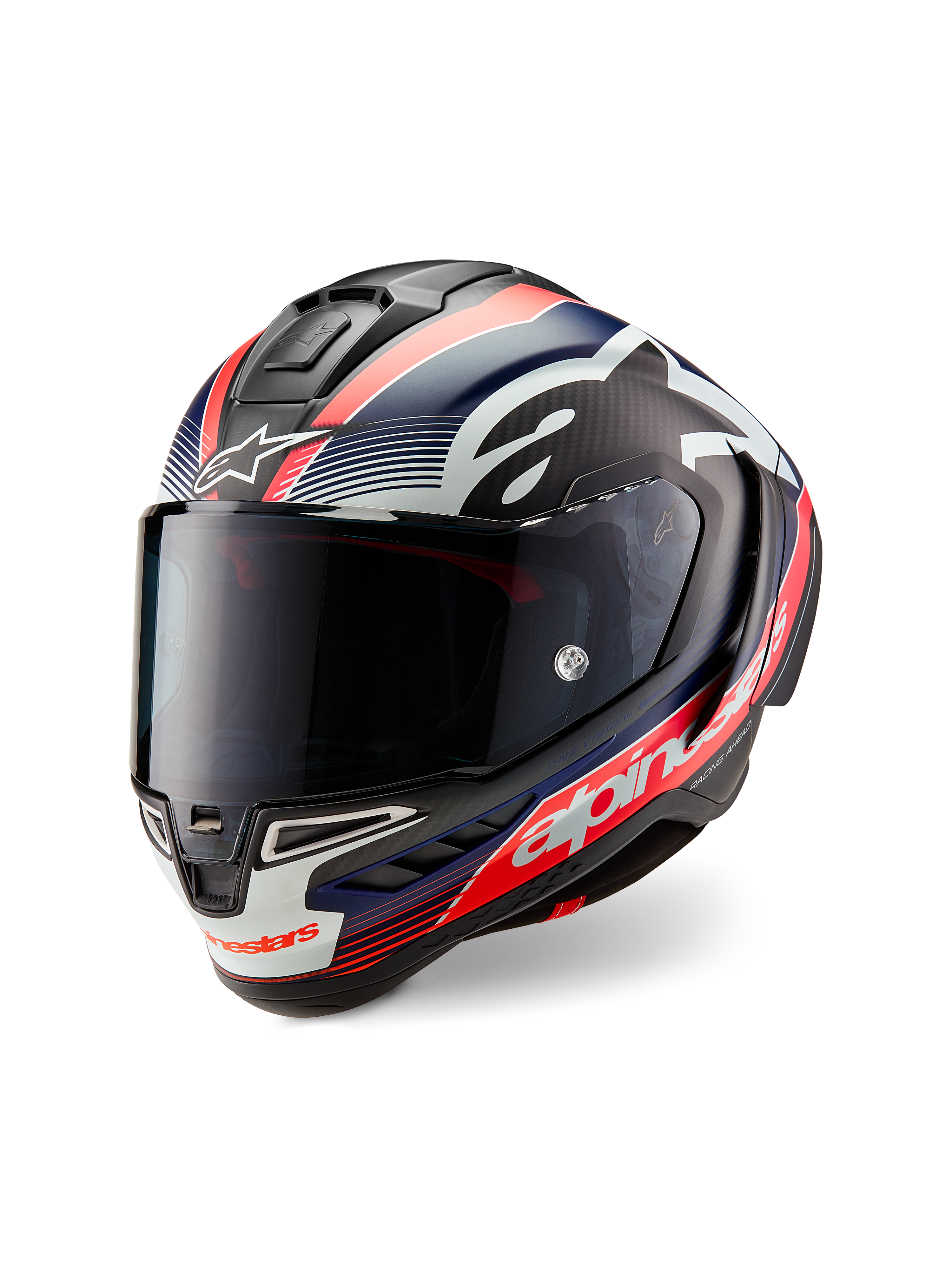 Alpinestars Supertech R10 Team-hjelm, sort kulfiber med rød fluo- og matblå grafik, trekvart set forfra, mørkt røgfarvet visir, aerodynamisk racerskal, tydelig hvid Alpinestars-branding.
