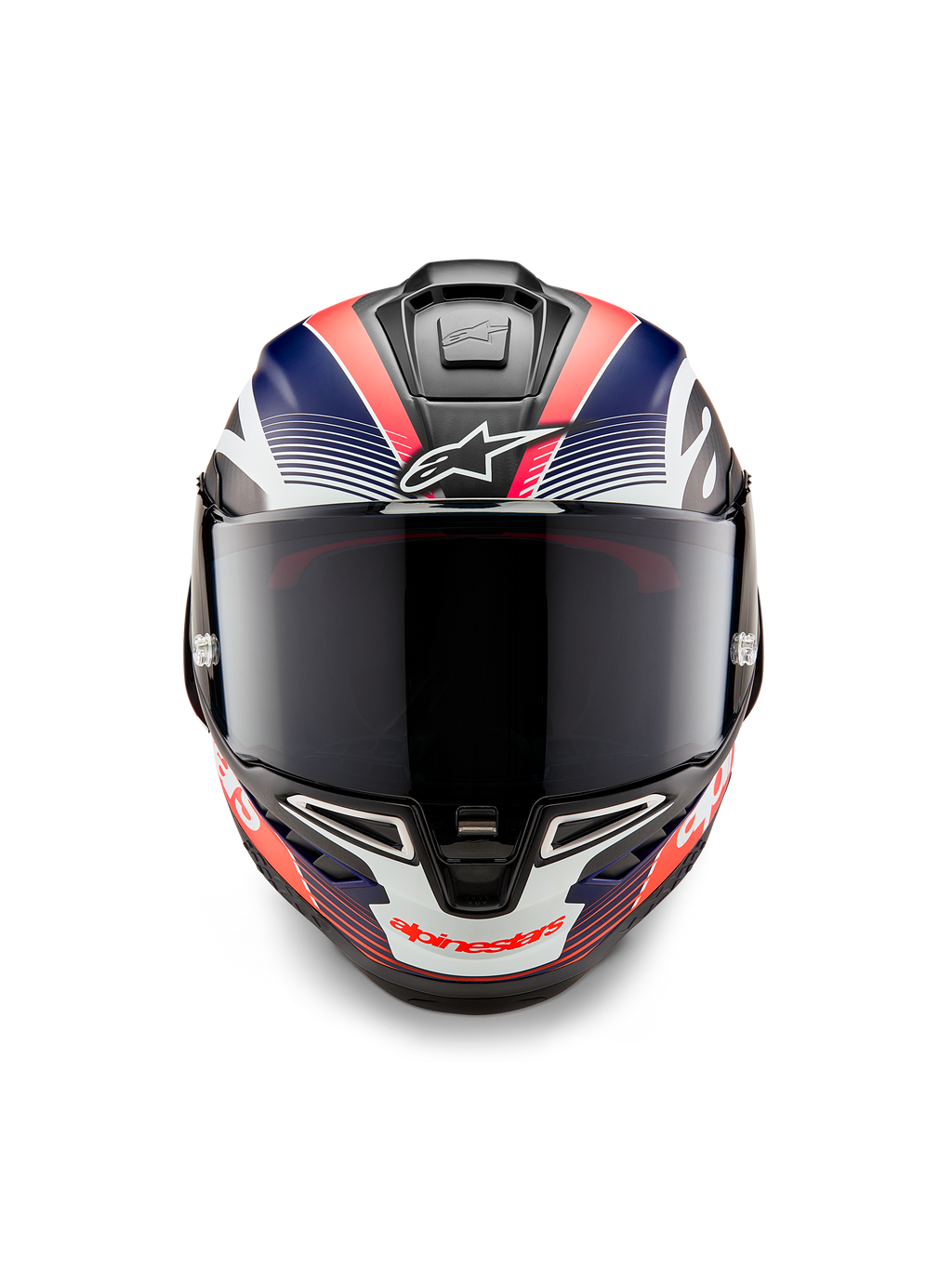 Alpinestars Supertech R10 Team hjelm, fullface motorcykel racerhjelm, sort kulfiber med mat blå og fluoriserende rød grafik, set forfra med mørkt røgfarvet visir, aerodynamisk design med integrerede luftventiler, højtydende racerudstyr
