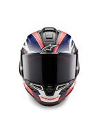 Alpinestars Supertech R10 Team hjelm, fullface motorcykel racerhjelm, sort kulfiber med mat blå og fluoriserende rød grafik, set forfra med mørkt røgfarvet visir, aerodynamisk design med integrerede luftventiler, højtydende racerudstyr