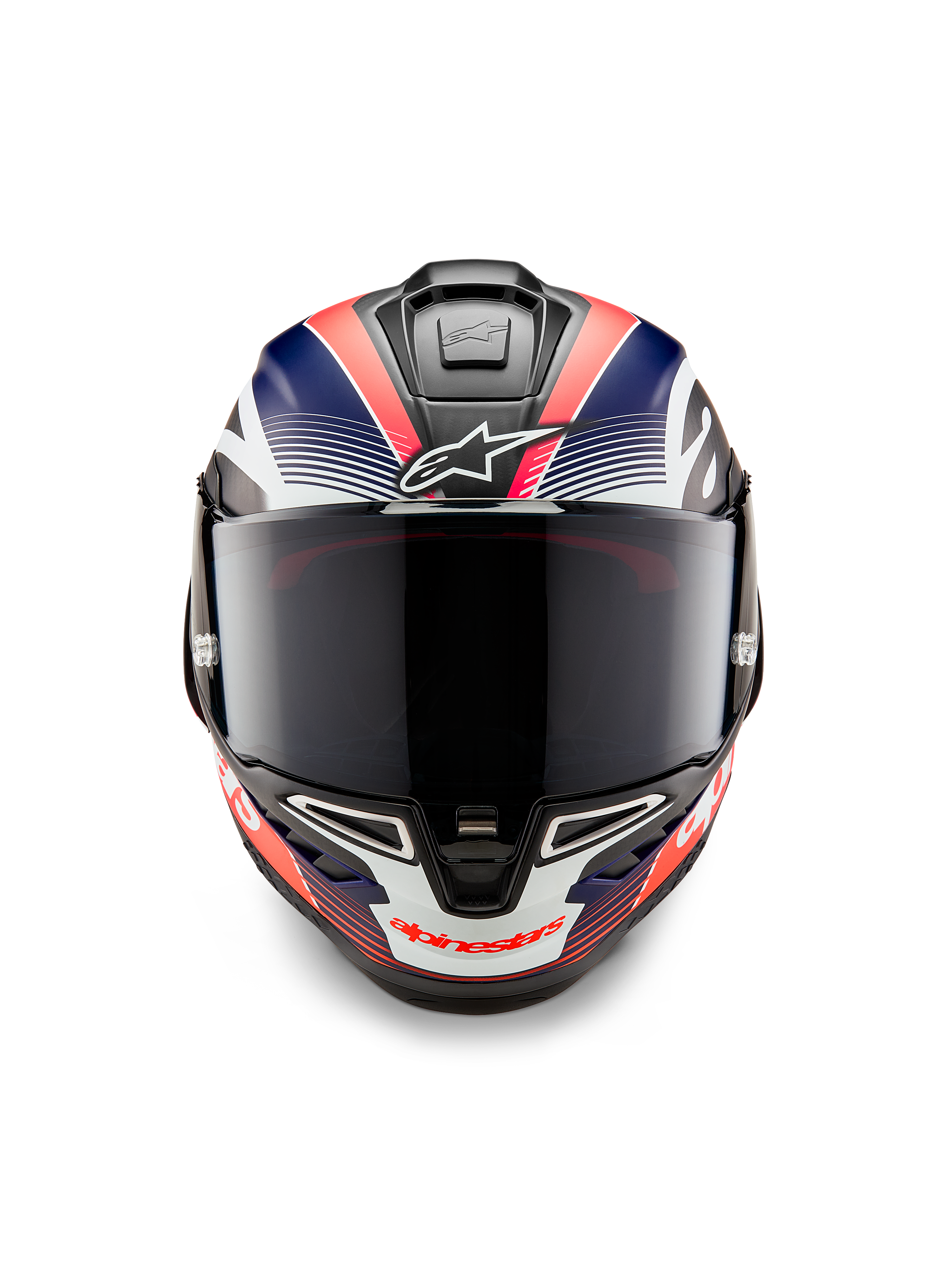 Alpinestars Supertech R10 Team hjelm, fullface motorcykel racerhjelm, sort kulfiber med mat blå og fluoriserende rød grafik, set forfra med mørkt røgfarvet visir, aerodynamisk design med integrerede luftventiler, højtydende racerudstyr