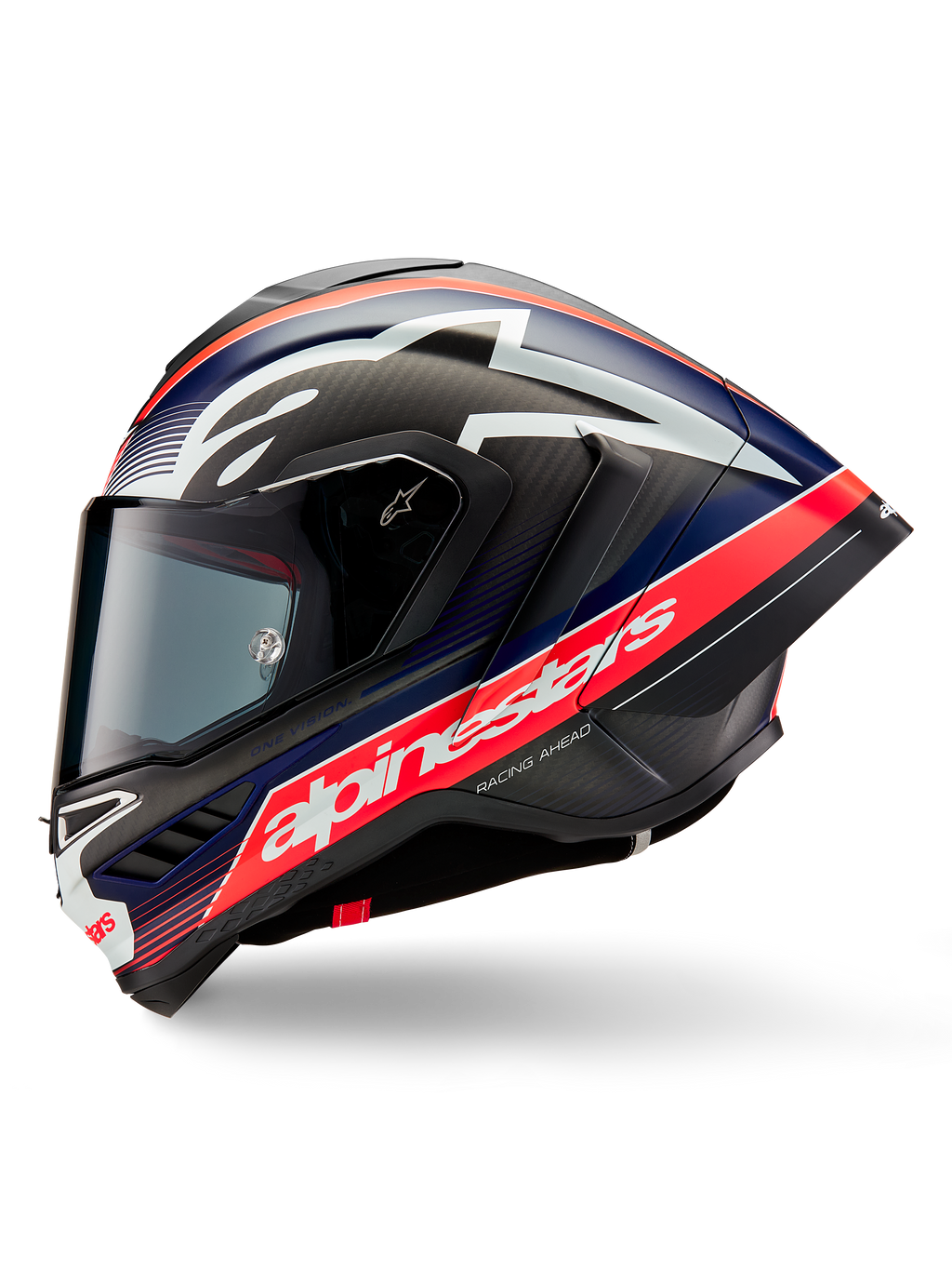 Alpinestars Supertech R10 Team-hjelm, sideprofil, Sort Carbon, Red Fluo og Matblå, med et stort hvidt Alpinestars-logo på en rød stribe, aerodynamisk kulfiberskal med tonet visir, højtydende motorcykelracerudstyr