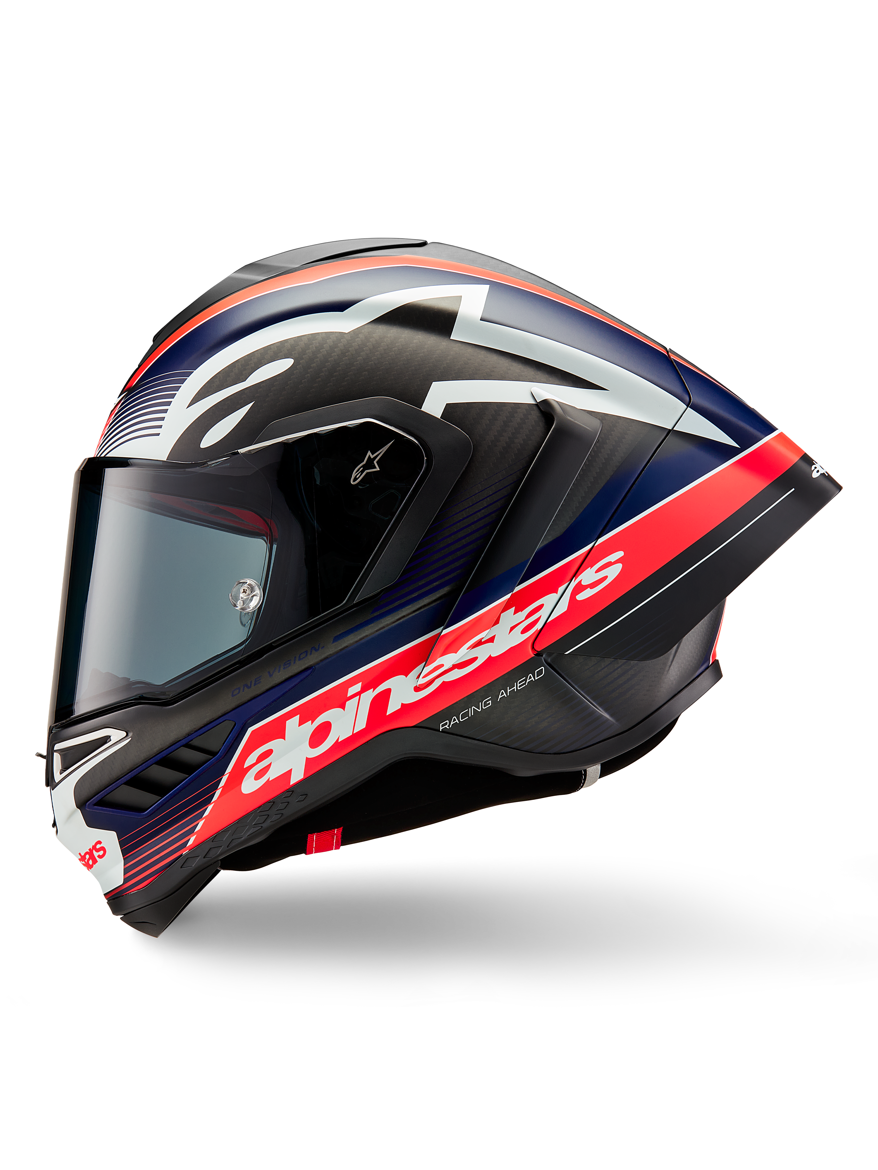 Alpinestars Supertech R10 Team-hjelm, sideprofil, Sort Carbon, Red Fluo og Matblå, med et stort hvidt Alpinestars-logo på en rød stribe, aerodynamisk kulfiberskal med tonet visir, højtydende motorcykelracerudstyr