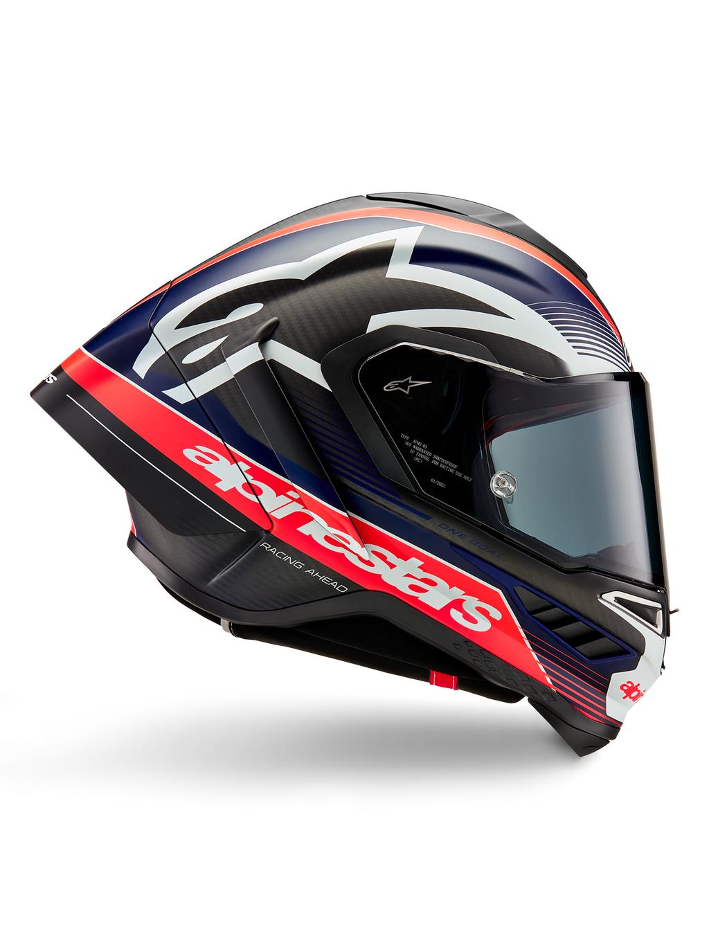 Alpinestars Supertech R10 Team hjelm, motorcykelracinghjelm, sort carbon med rød fluo og mat blå accenter, med stor hvid Alpinestars-branding, aerodynamisk design med integrerede spoilere, klart visir, synlig kulfiberstruktur, slank racingprofil