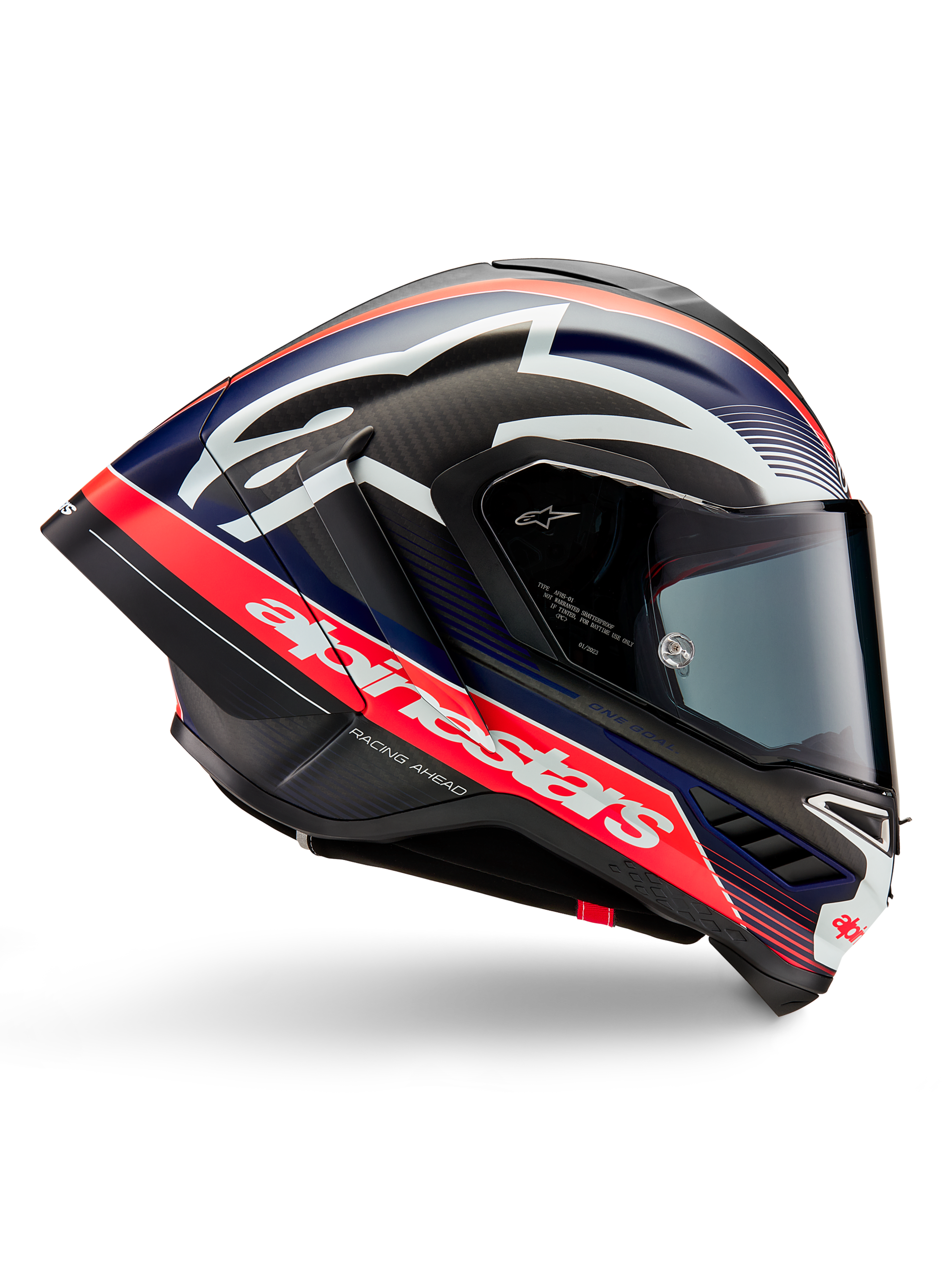 Alpinestars Supertech R10 Team hjelm, motorcykelracinghjelm, sort carbon med rød fluo og mat blå accenter, med stor hvid Alpinestars-branding, aerodynamisk design med integrerede spoilere, klart visir, synlig kulfiberstruktur, slank racingprofil