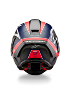 Alpinestars Supertech R10 Team-hjelm, set bagfra, sort kulfiber med fluorescerende røde og matblå detaljer, med aerodynamisk spoiler, tydeligt hvidt Alpinestars-branding og DOT-certificeringsmærke, professionelt motorsportudstyr