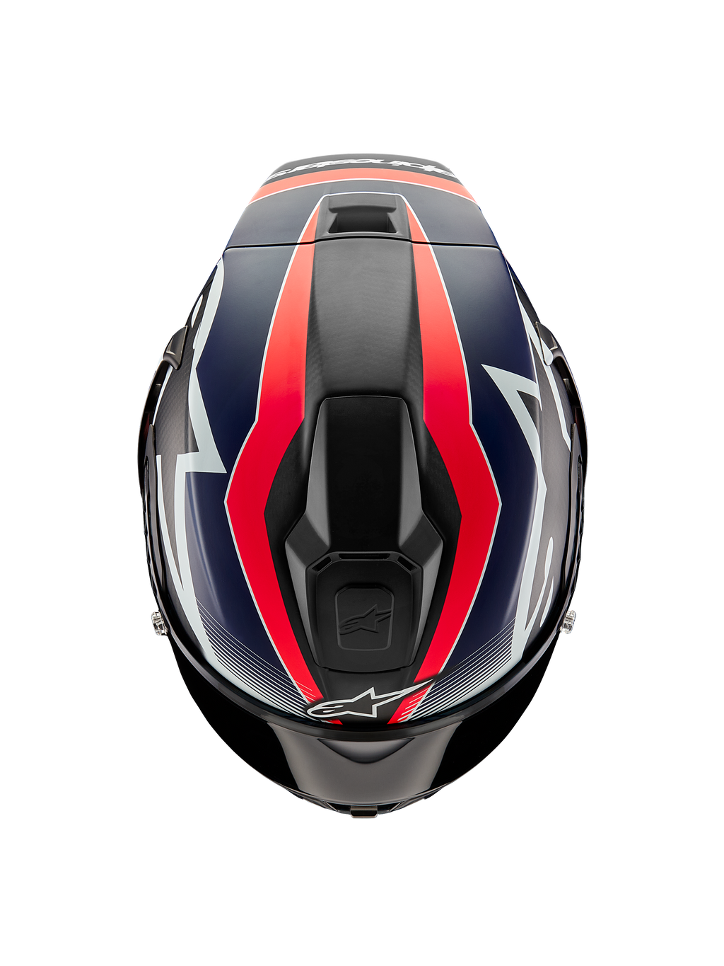 Alpinestars Supertech R10 Team hjelm, set fra oven, sort karbon med rød fluo og mat blå grafik, aerodynamisk skaldesign med øverste ventilationsåbninger og markante racerdetaljer