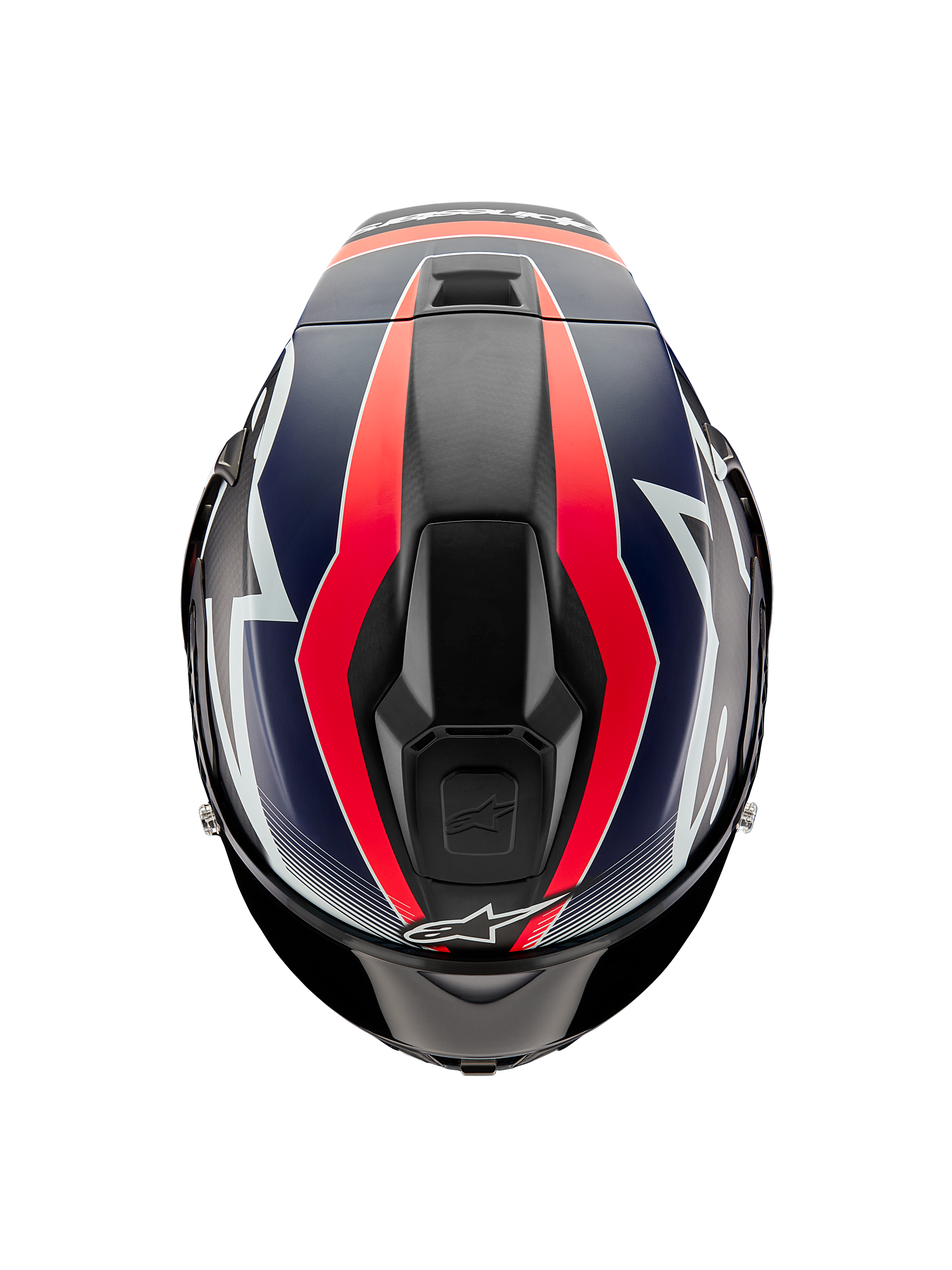 Alpinestars Supertech R10 Team hjelm, set fra oven, sort karbon med rød fluo og mat blå grafik, aerodynamisk skaldesign med øverste ventilationsåbninger og markante racerdetaljer