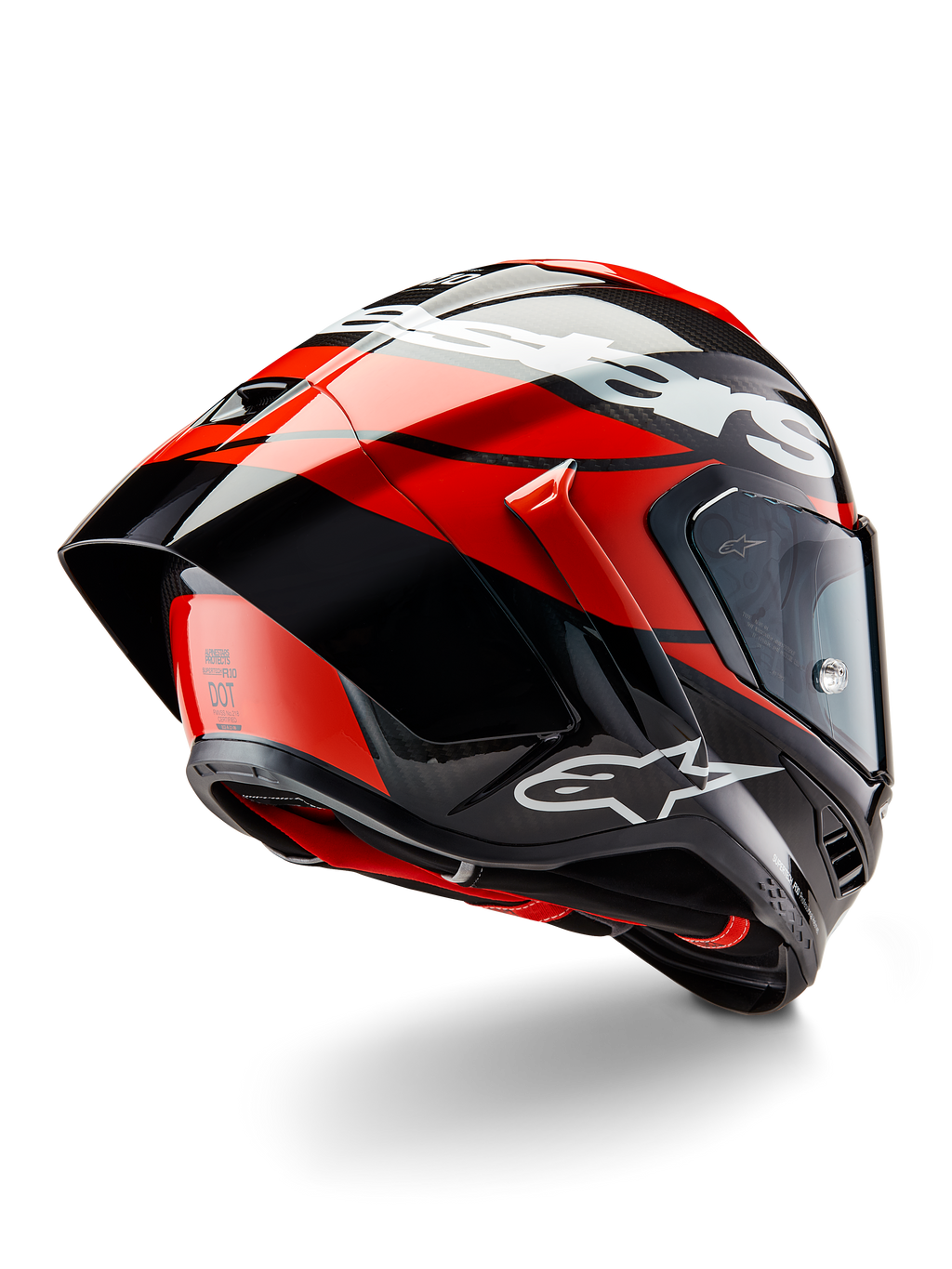 Alpinestars Supertech R10 Element hjelm, sort kulfiber, klar rød og hvid blank finish, trekvartvisning bagfra med stor aerodynamisk spoiler og kulfiberskal, markante Alpinestars-logoer og DOT-certificering