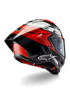 Alpinestars Supertech R10 Element hjelm, sort kulfiber, klar rød og hvid blank finish, trekvartvisning bagfra med stor aerodynamisk spoiler og kulfiberskal, markante Alpinestars-logoer og DOT-certificering