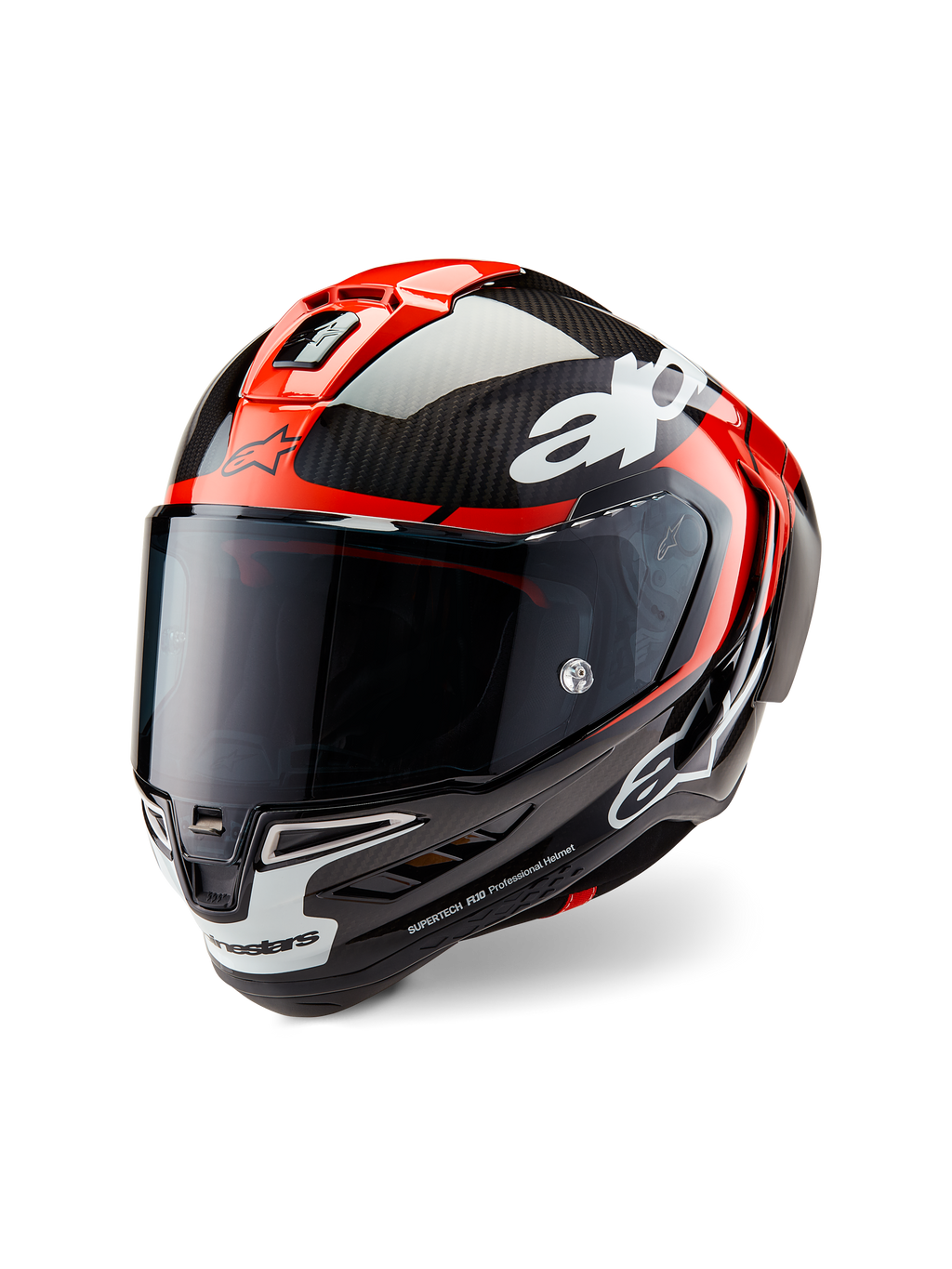 Alpinestars Supertech R10 Element-hjelm, racing motorcykelhjelm, sort kulfiber, klar rød og hvid blank, trekvart visning forfra med et mørkt tonet visir, med en blank kulfiberskal, røde luftindtag øverst, hvide hagedetaljer og tydelig Alpinestars-branding, designet til aerodynamisk racerpræstation.