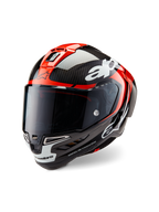 Alpinestars Supertech R10 Element-hjelm, racing motorcykelhjelm, sort kulfiber, klar rød og hvid blank, trekvart visning forfra med et mørkt tonet visir, med en blank kulfiberskal, røde luftindtag øverst, hvide hagedetaljer og tydelig Alpinestars-branding, designet til aerodynamisk racerpræstation.