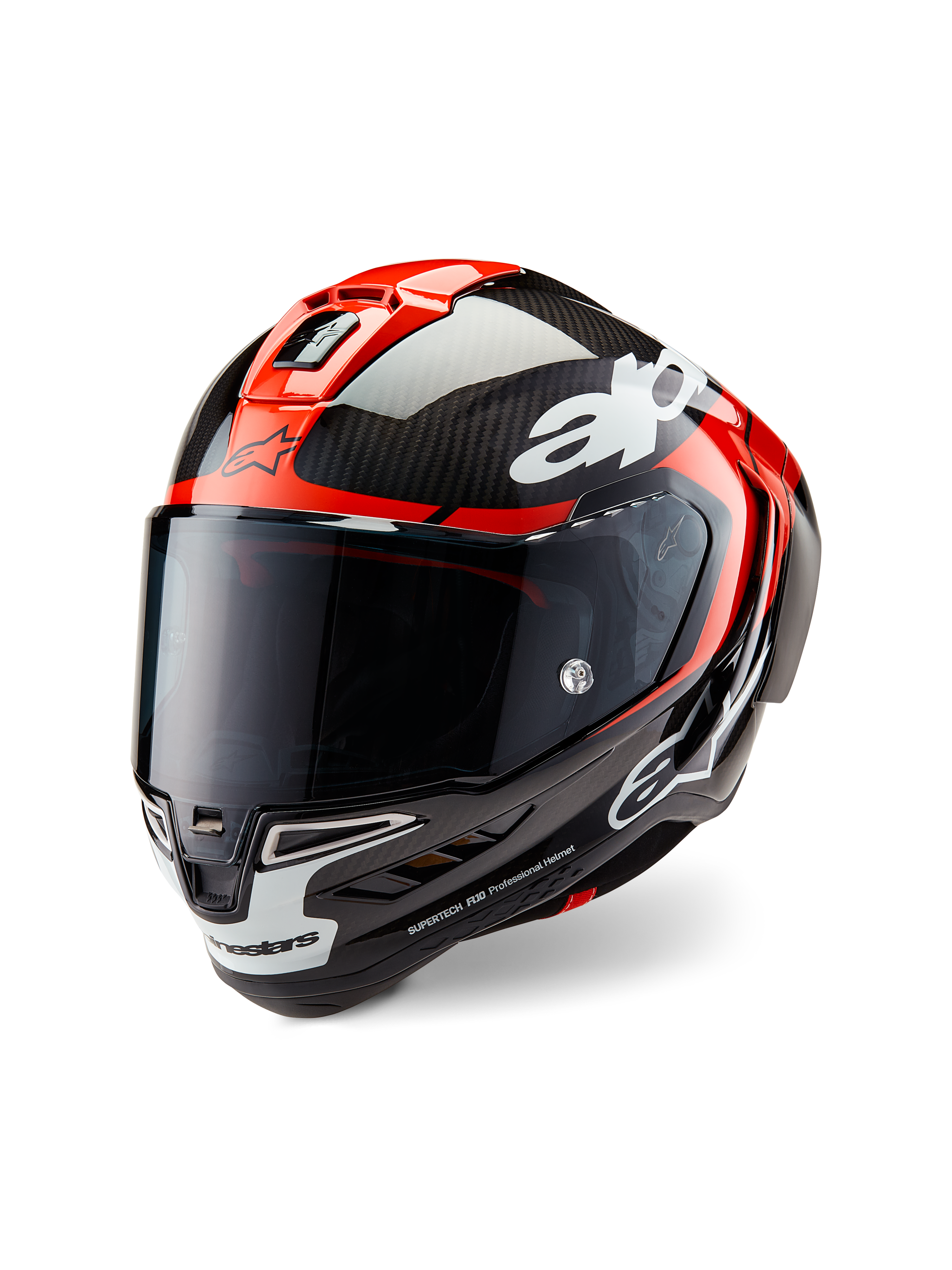 Alpinestars Supertech R10 Element-hjelm, racing motorcykelhjelm, sort kulfiber, klar rød og hvid blank, trekvart visning forfra med et mørkt tonet visir, med en blank kulfiberskal, røde luftindtag øverst, hvide hagedetaljer og tydelig Alpinestars-branding, designet til aerodynamisk racerpræstation.