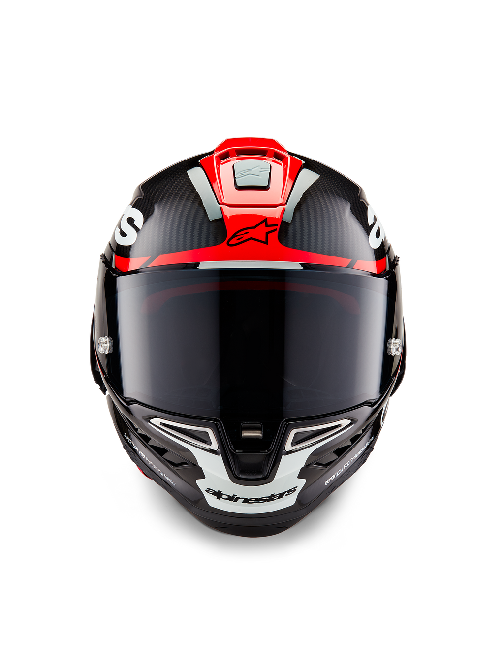 Alpinestars Supertech R10 Element hjelm, sort carbon med klarrøde og hvide blanke grafikker, set forfra med mørkt røgfarvet visir, synlig kulfibertekstur og integreret ventilation, professionel motorcykelhjelm i racerkvalitet