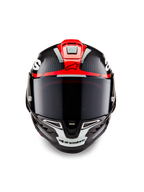 Alpinestars Supertech R10 Element hjelm, sort carbon med klarrøde og hvide blanke grafikker, set forfra med mørkt røgfarvet visir, synlig kulfibertekstur og integreret ventilation, professionel motorcykelhjelm i racerkvalitet