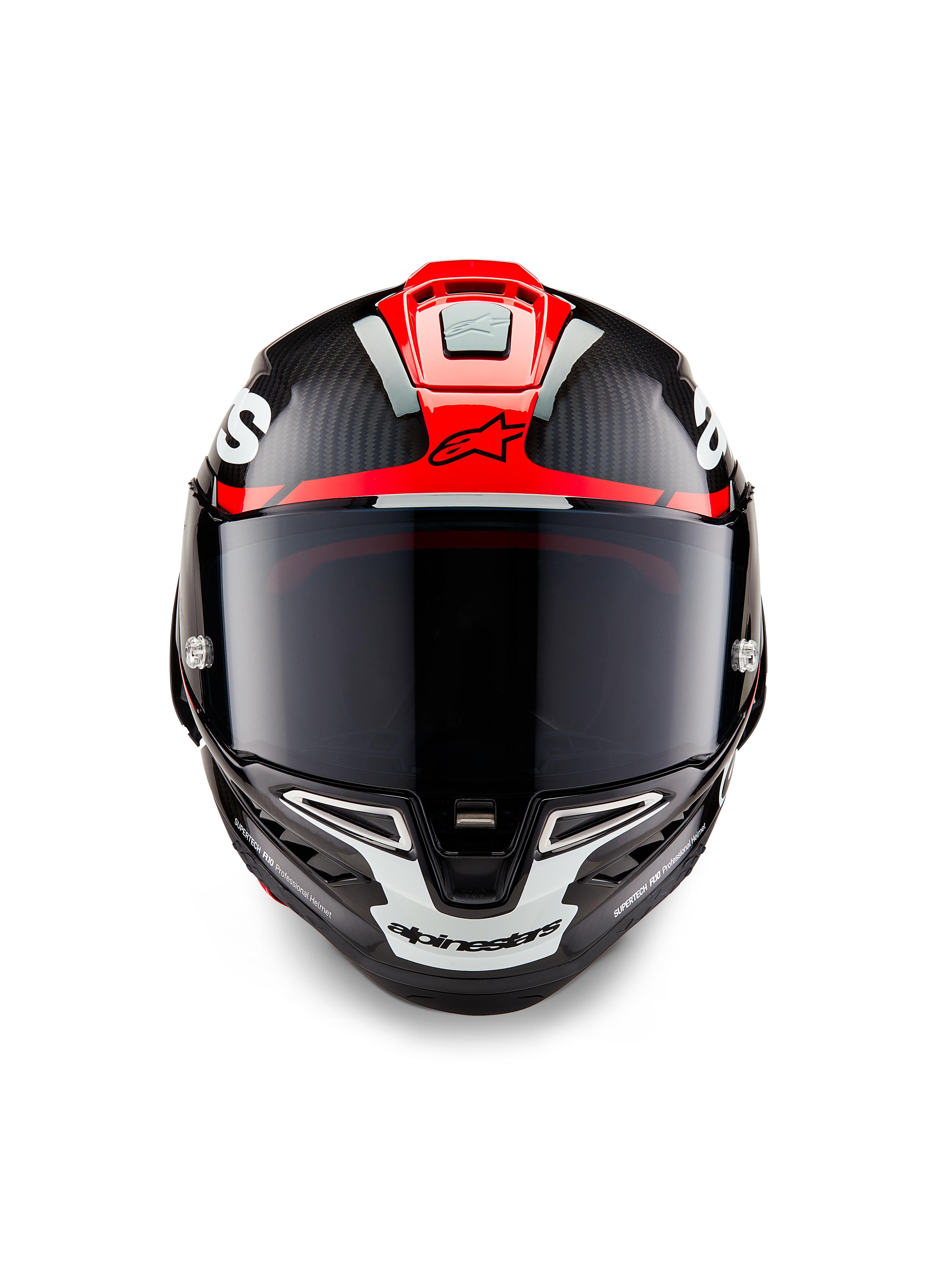 Alpinestars Supertech R10 Element hjelm, sort carbon med klarrøde og hvide blanke grafikker, set forfra med mørkt røgfarvet visir, synlig kulfibertekstur og integreret ventilation, professionel motorcykelhjelm i racerkvalitet