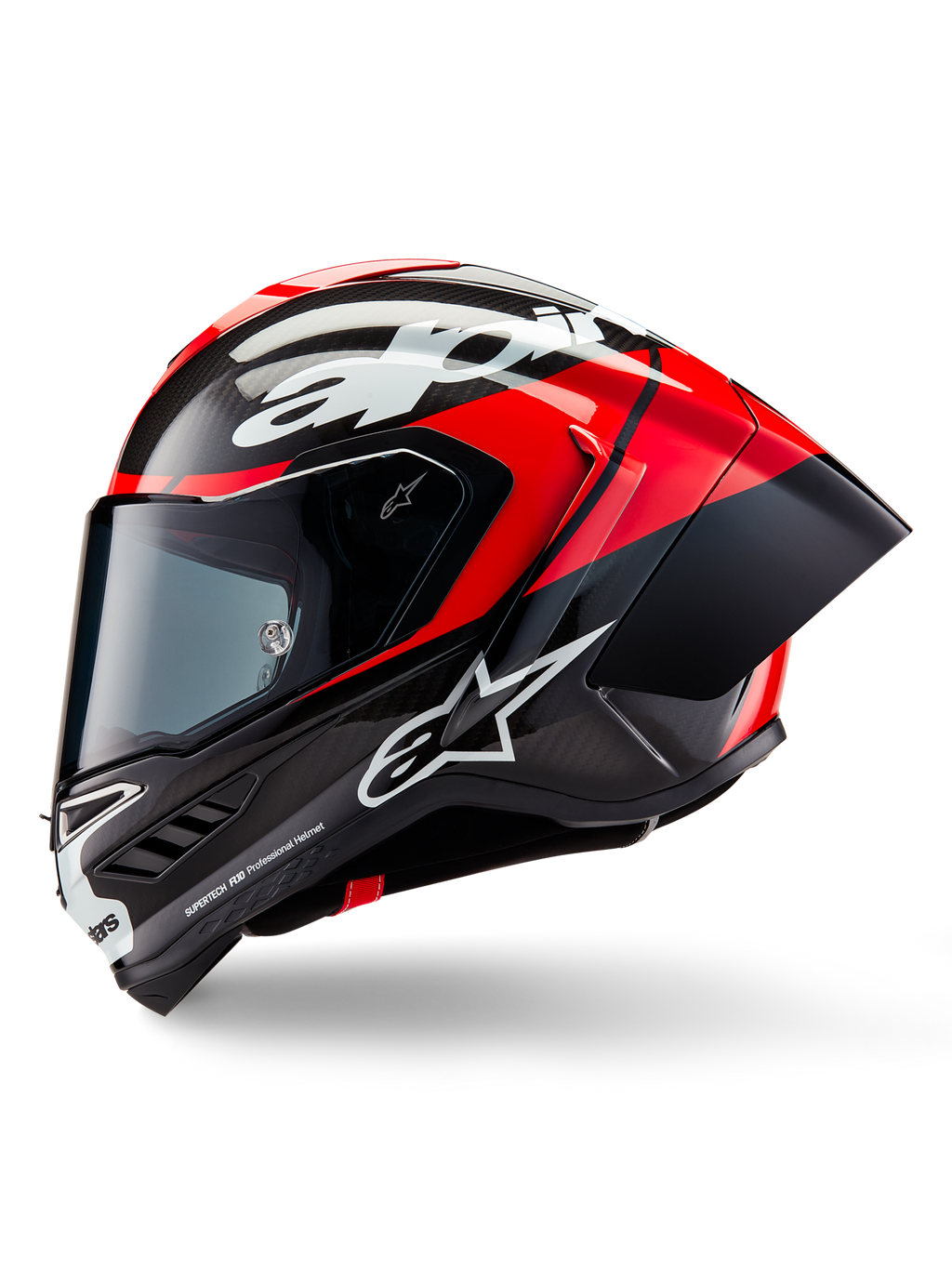 Alpinestars Supertech R10 Element hjelm, full-face racerhjelm, sort carbon, klar rød og hvid blank, sideprofil der viser aerodynamisk kulfiberskal med synlig vævning, hvidt Alpinestars-logo og integreret bagspoiler
