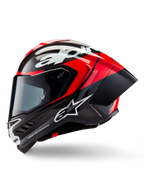 Alpinestars Supertech R10 Element hjelm, full-face racerhjelm, sort carbon, klar rød og hvid blank, sideprofil der viser aerodynamisk kulfiberskal med synlig vævning, hvidt Alpinestars-logo og integreret bagspoiler
