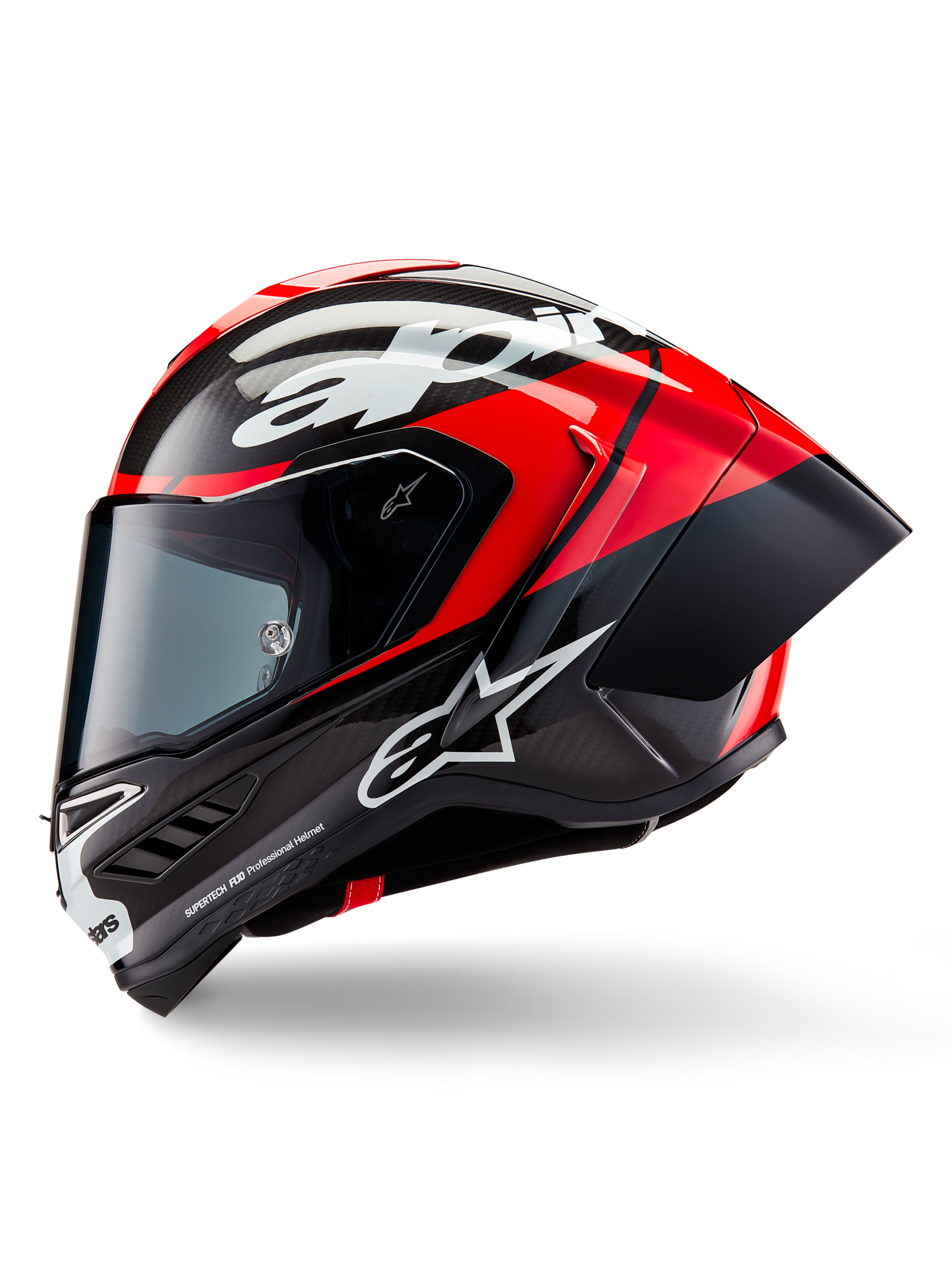 Alpinestars Supertech R10 Element hjelm, full-face racerhjelm, sort carbon, klar rød og hvid blank, sideprofil der viser aerodynamisk kulfiberskal med synlig vævning, hvidt Alpinestars-logo og integreret bagspoiler
