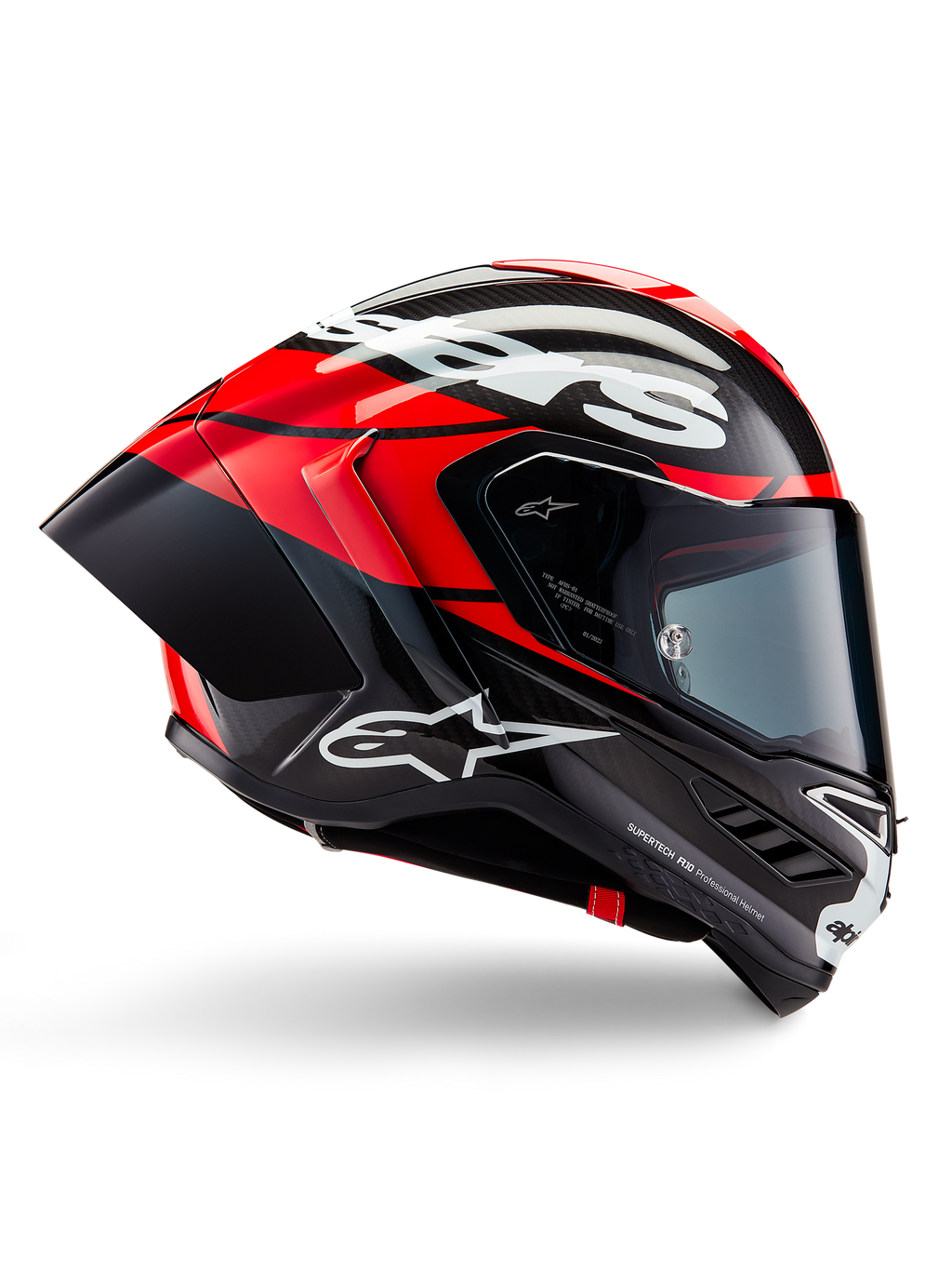 Alpinestars Supertech R10 Element hjelm, full-face motorcykelracinghjelm, sort carbon med klare røde og hvide accenter, sideprofil der viser aerodynamisk kulfiberskal, blank finish med hvidt logo, tonet visir, professionel racingbeskyttelse