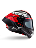 Alpinestars Supertech R10 Element hjelm, full-face motorcykelracinghjelm, sort carbon med klare røde og hvide accenter, sideprofil der viser aerodynamisk kulfiberskal, blank finish med hvidt logo, tonet visir, professionel racingbeskyttelse