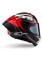 Alpinestars Supertech R10 Element hjelm, full-face motorcykelracinghjelm, sort carbon med klare røde og hvide accenter, sideprofil der viser aerodynamisk kulfiberskal, blank finish med hvidt logo, tonet visir, professionel racingbeskyttelse