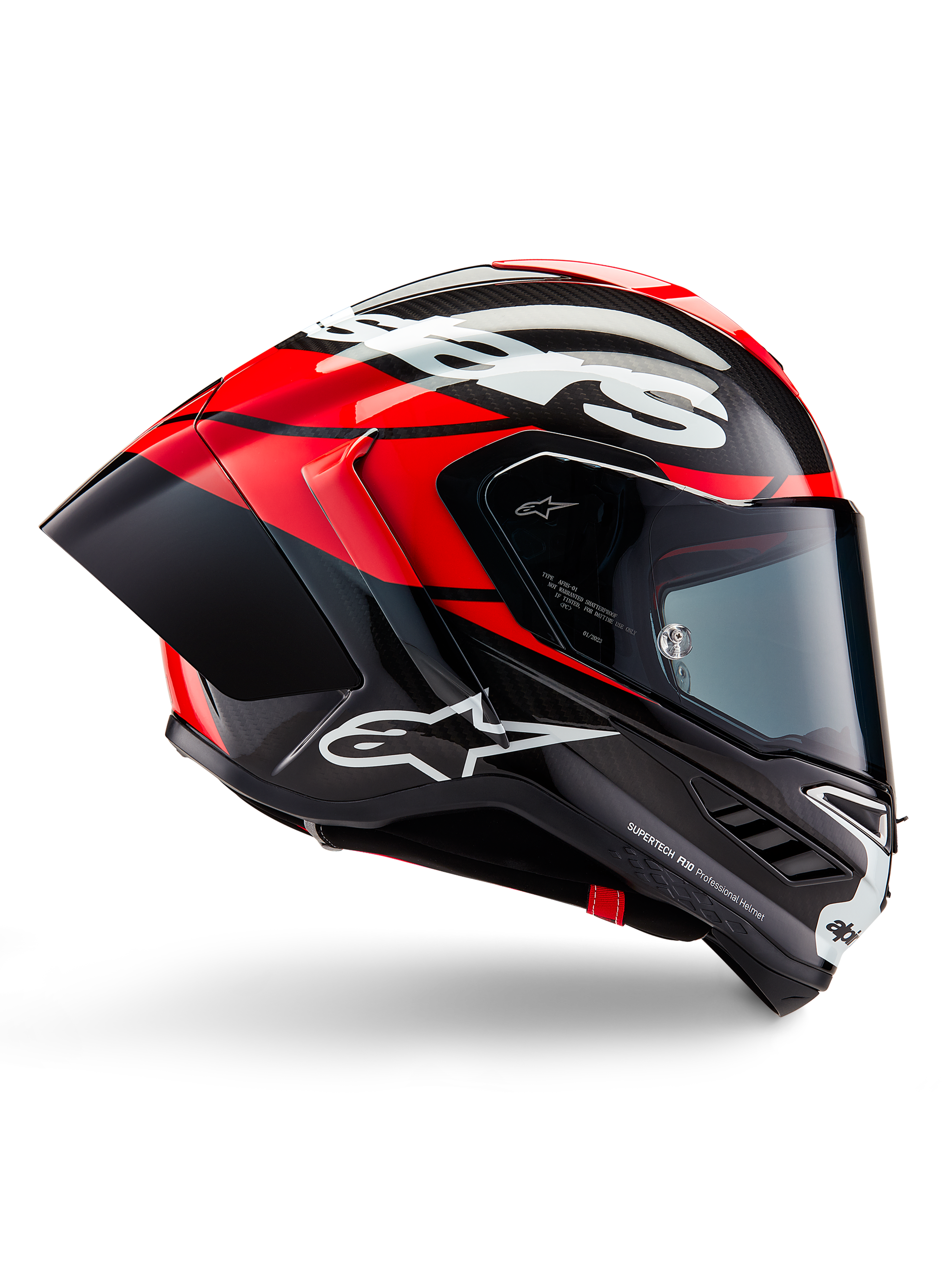 Alpinestars Supertech R10 Element hjelm, full-face motorcykelracinghjelm, sort carbon med klare røde og hvide accenter, sideprofil der viser aerodynamisk kulfiberskal, blank finish med hvidt logo, tonet visir, professionel racingbeskyttelse