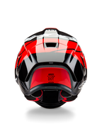 Alpinestars Supertech R10 Element-hjelm, set bagfra, sort kulfiber med klare røde og hvide blanke detaljer, med en aerodynamisk bagspoiler, udluftningsventiler og DOT-certificeringsmærkat, strømlinet racerinspireret design med kulfiberdetaljer