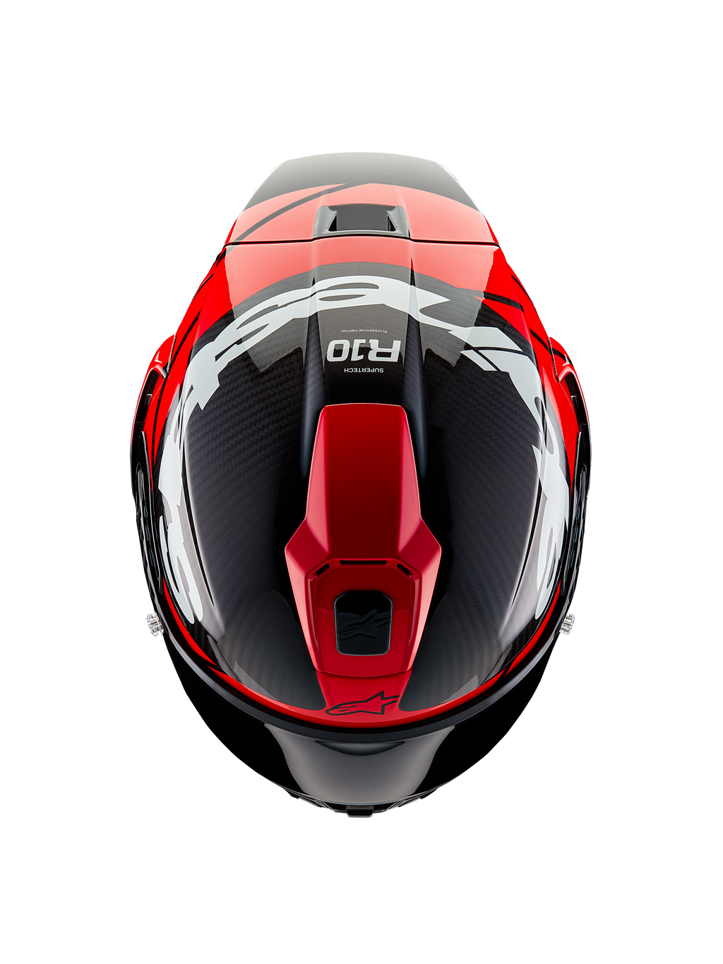 Alpinestars Supertech R10 Element hjelm, set oppefra, sort karbon med klare røde og hvide blanke grafikker, aerodynamisk racerhjelm med store hvide logoer og synlig karbonfibervævning