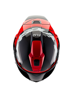 Alpinestars Supertech R10 Element hjelm, set oppefra, sort karbon med klare røde og hvide blanke grafikker, aerodynamisk racerhjelm med store hvide logoer og synlig karbonfibervævning