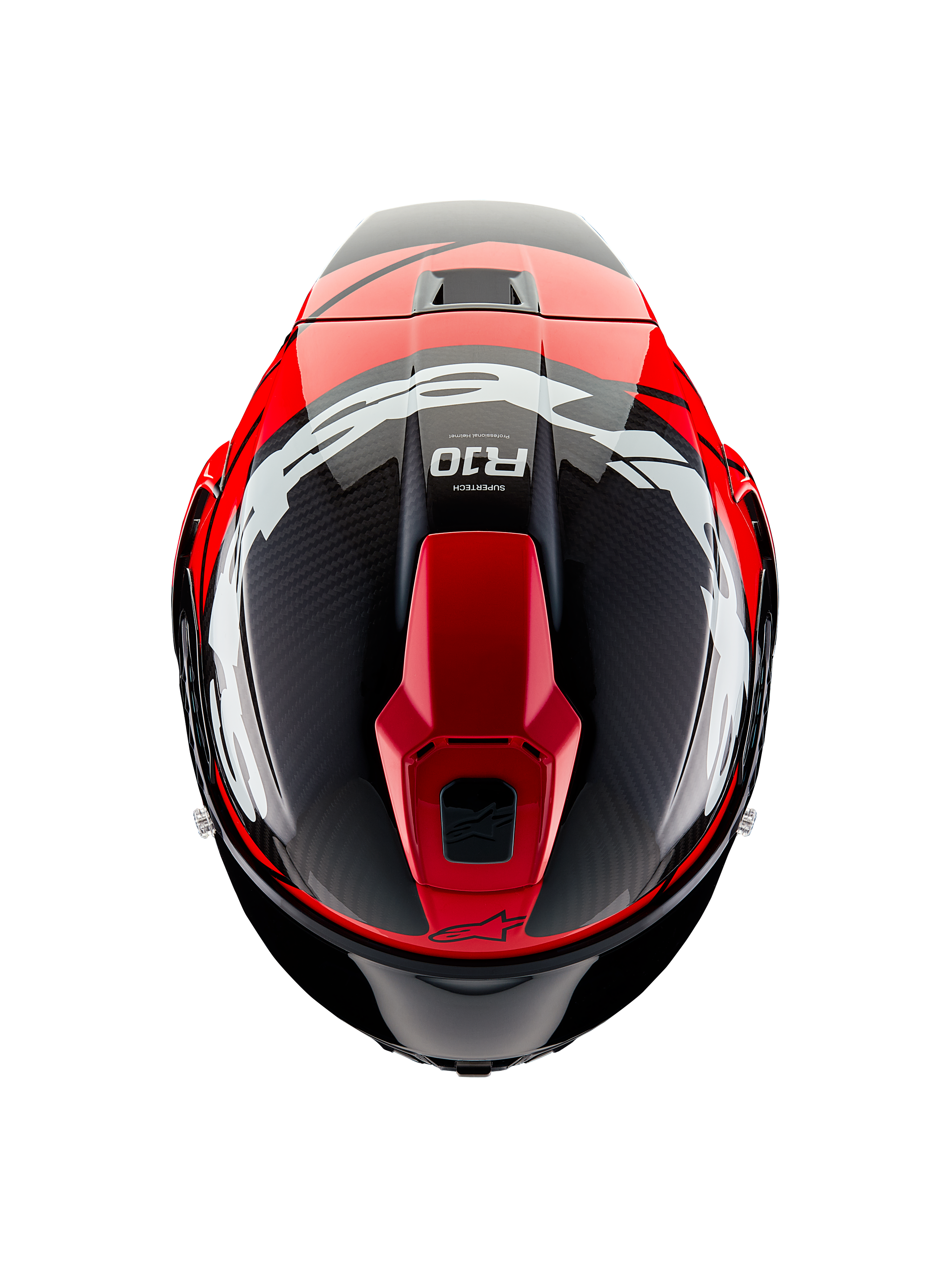 Alpinestars Supertech R10 Element hjelm, set oppefra, sort karbon med klare røde og hvide blanke grafikker, aerodynamisk racerhjelm med store hvide logoer og synlig karbonfibervævning