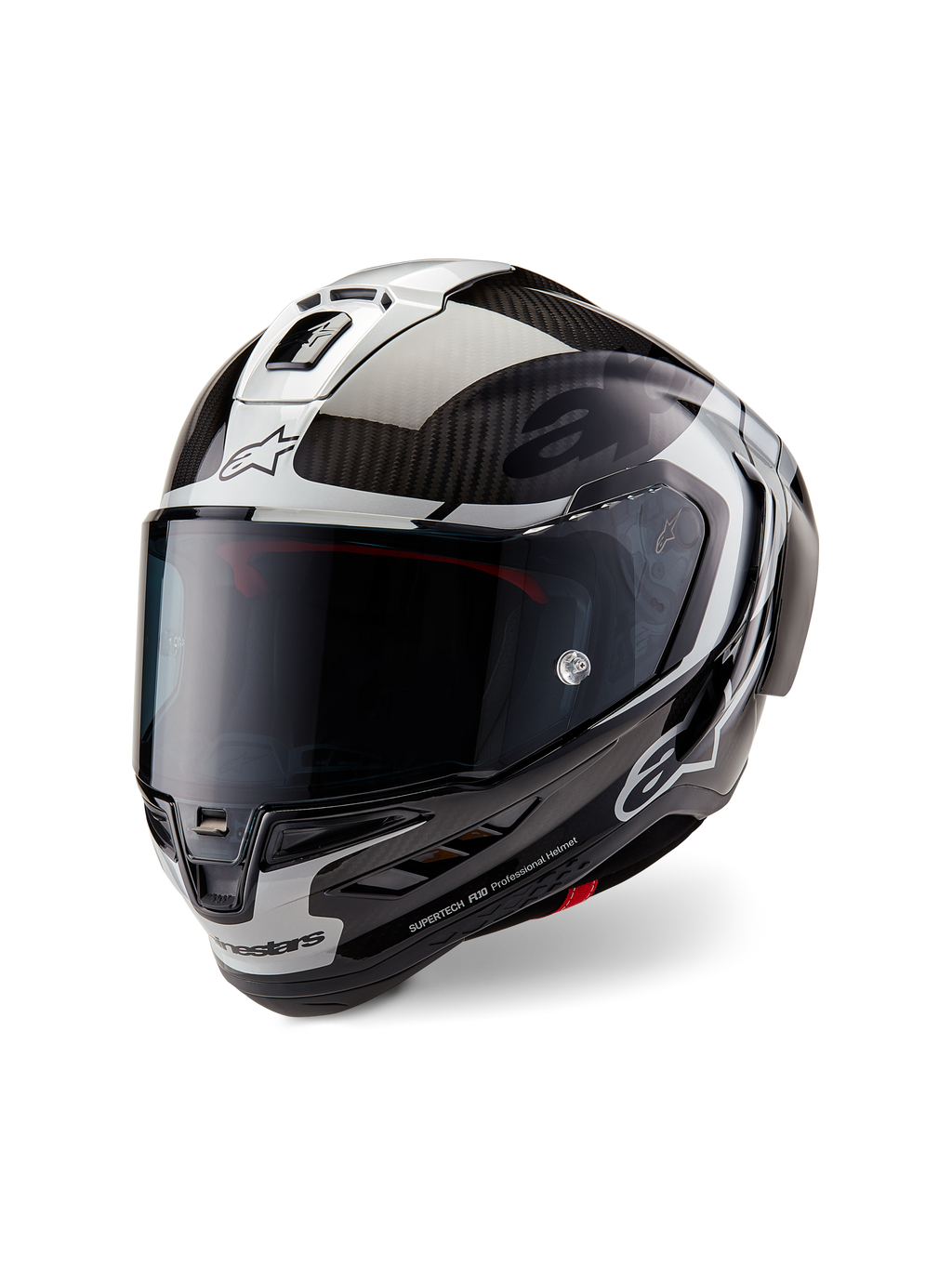Alpinestars Supertech R10 Element hjelm, full-face motorcykelracerhjelm, sort kulfiber, sølv og blank sort, med mørkt røgfarvet visir, aerodynamisk kulfiberskal og Alpinestars branding