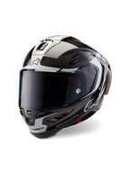 Alpinestars Supertech R10 Element hjelm, full-face motorcykelracerhjelm, sort kulfiber, sølv og blank sort, med mørkt røgfarvet visir, aerodynamisk kulfiberskal og Alpinestars branding