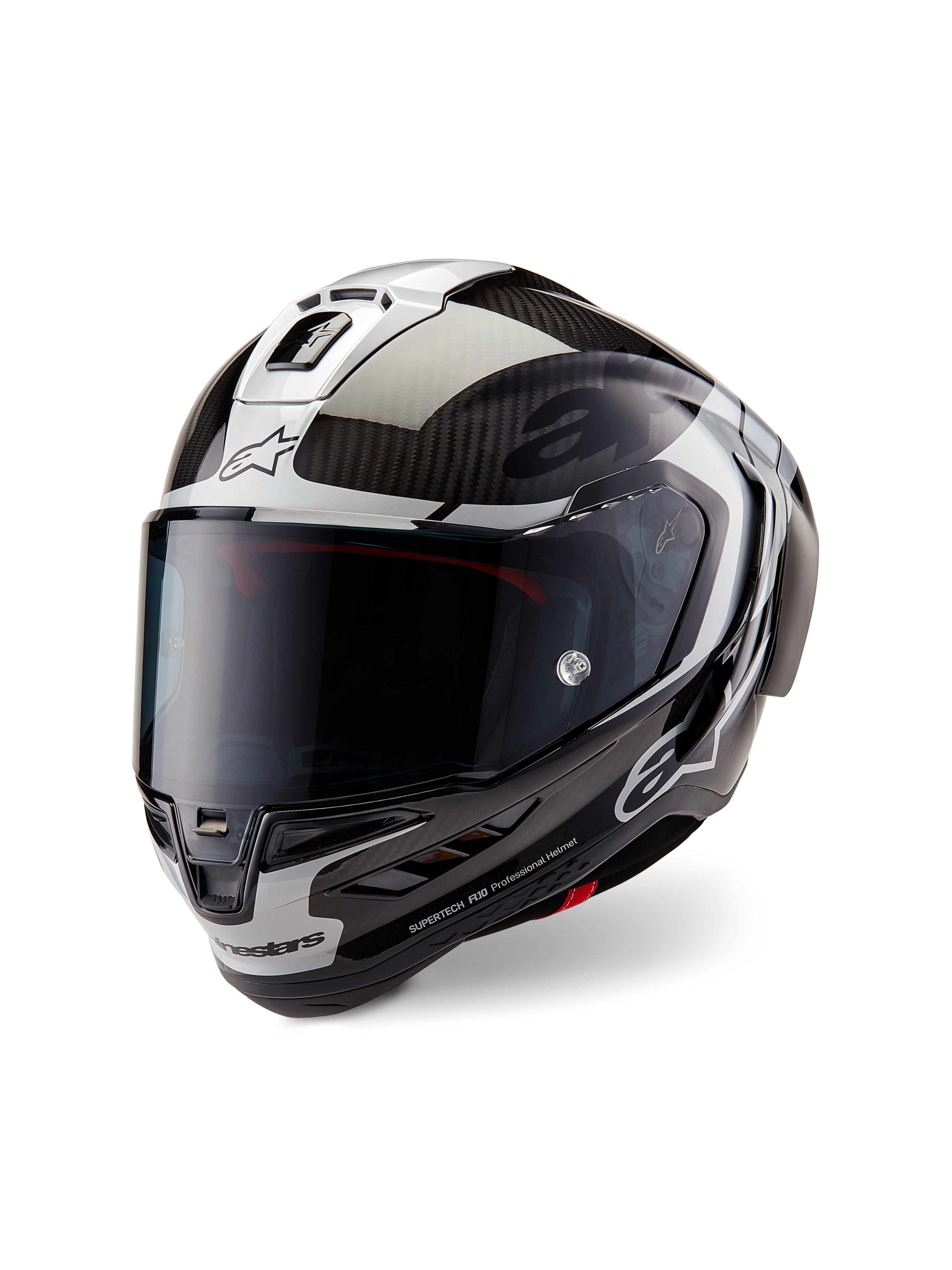 Alpinestars Supertech R10 Element hjelm, full-face motorcykelracerhjelm, sort kulfiber, sølv og blank sort, med mørkt røgfarvet visir, aerodynamisk kulfiberskal og Alpinestars branding