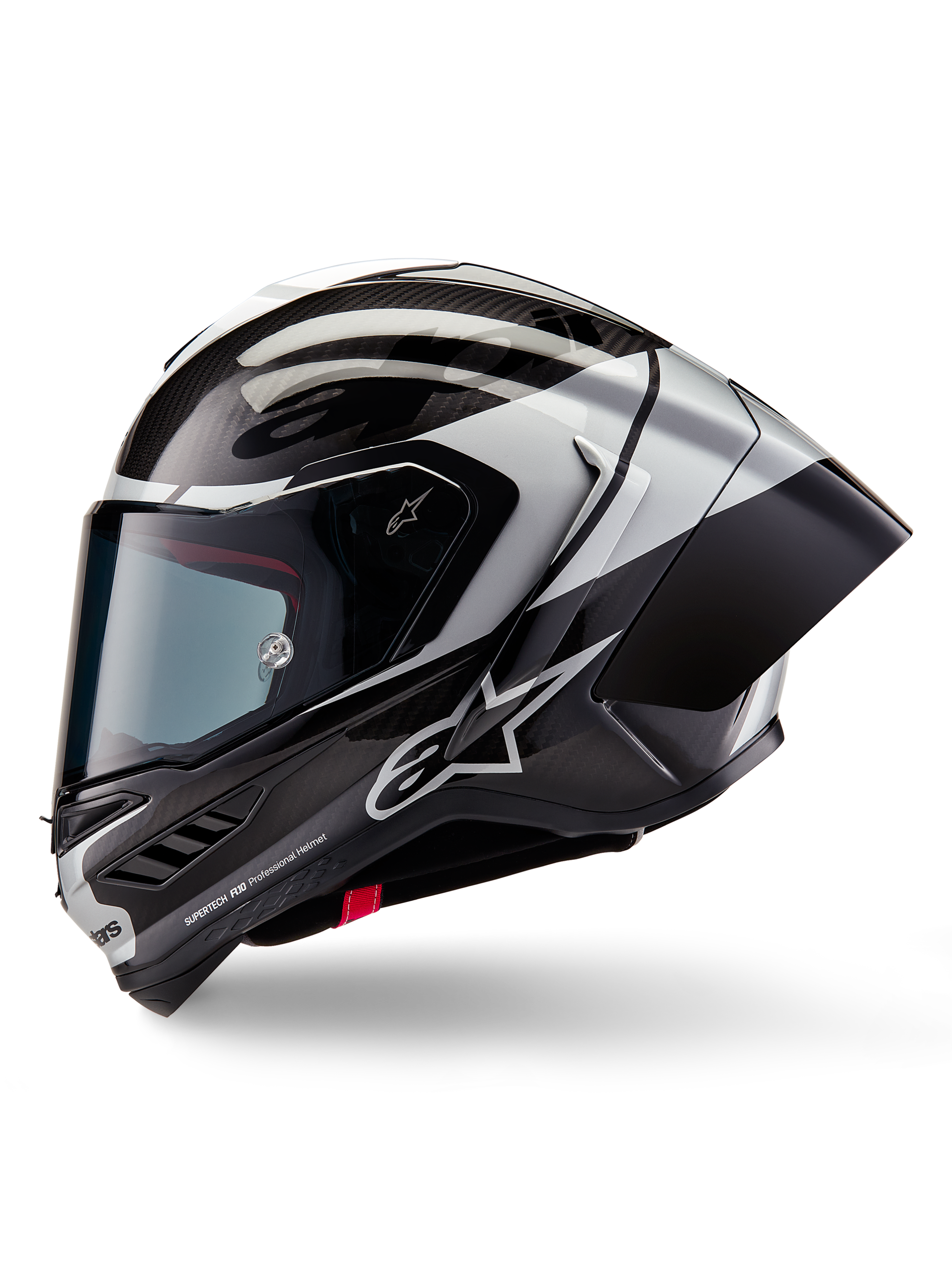 Alpinestars Supertech R10 Element hjelm, full-face motorcykel racinghjelm, sort karbon, sølv og blank sort, sideprofil der viser kulfibervævning og aerodynamisk bagspoiler, strømlinet design med Alpinestars-branding og professionel race-finish